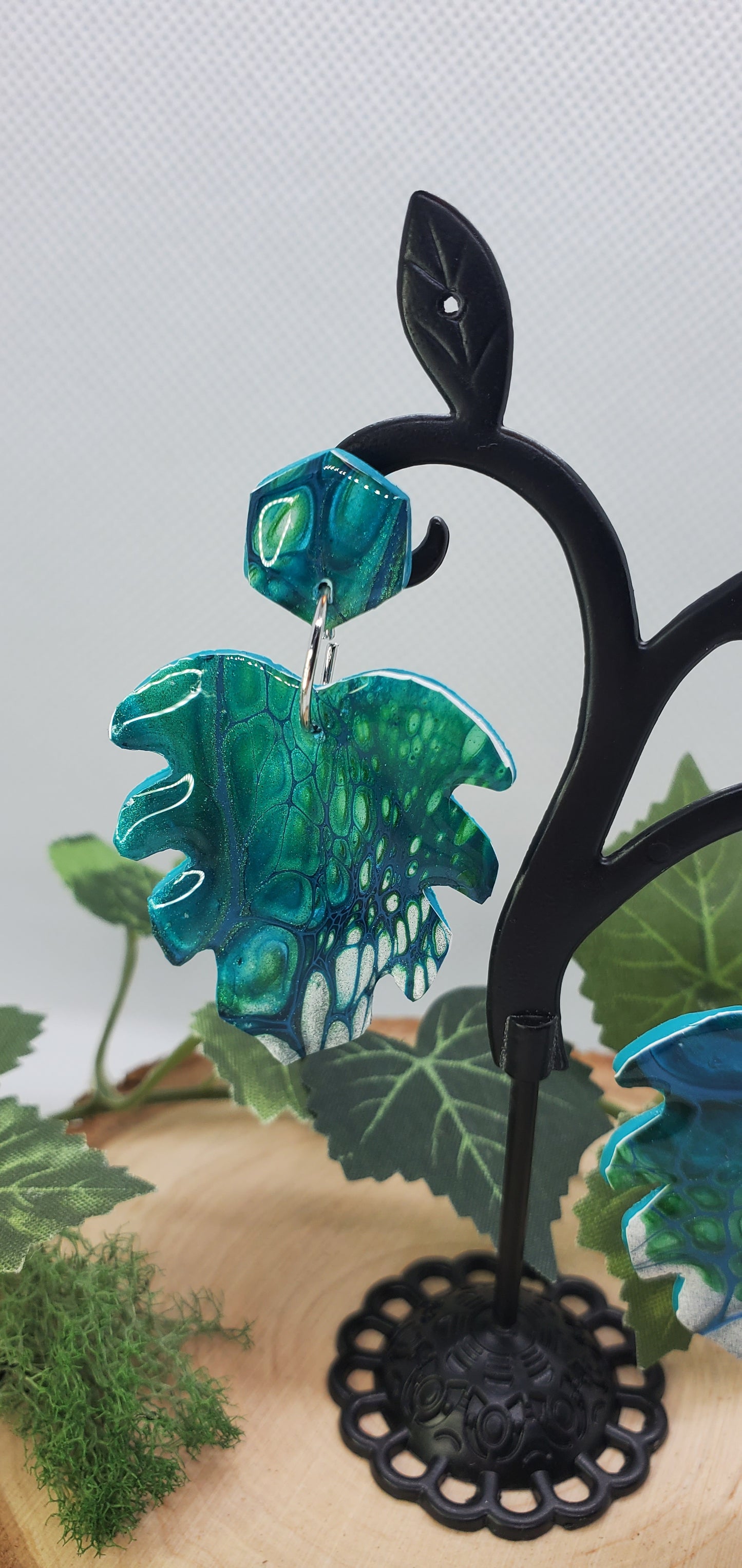 Fluid Art Earrings Unique Monstera Leaf and Hexagon Blue and Chameleon Green - Wearable Art
