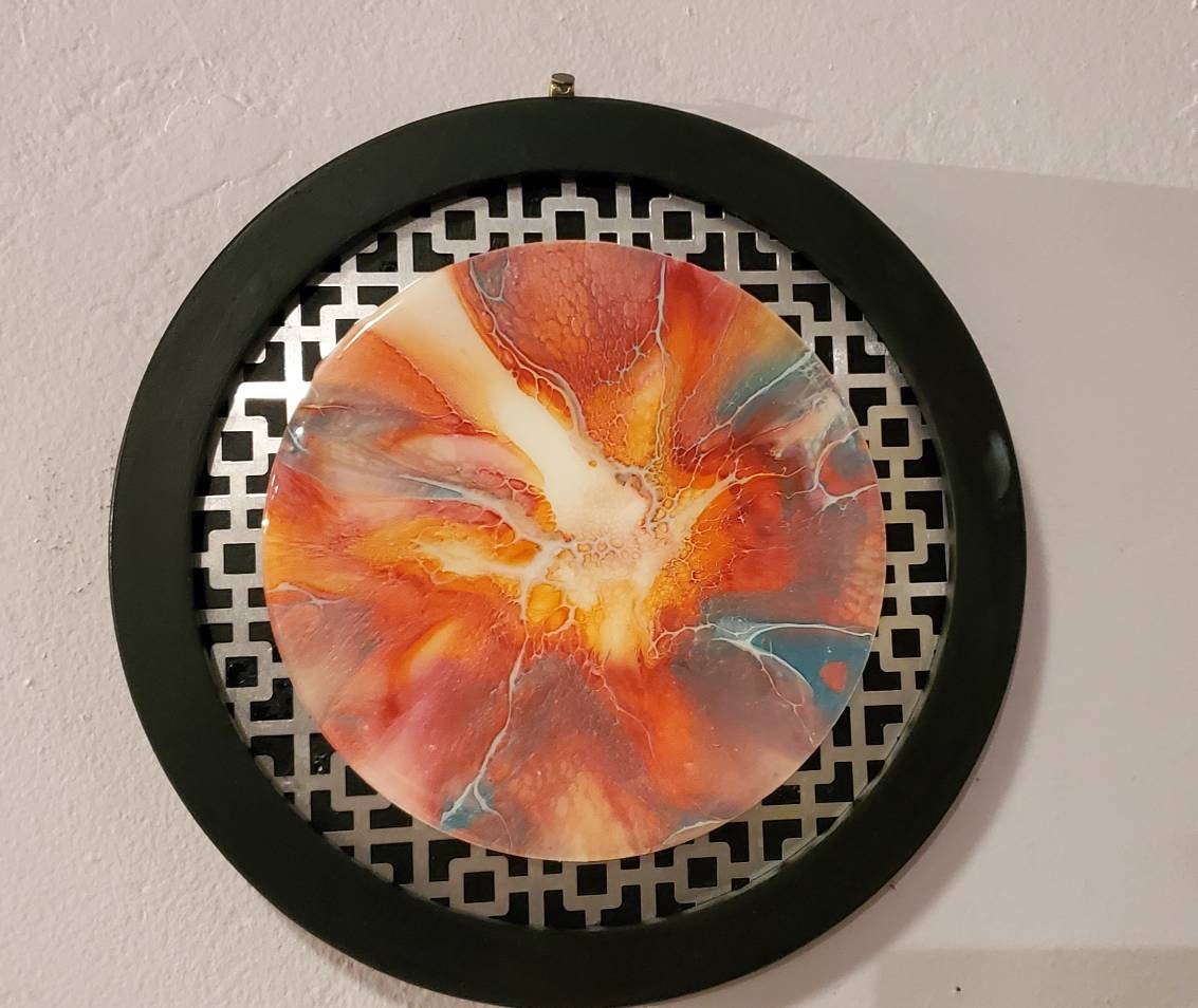 Acrylic Pour Painting Abstract Art in Pink, Orange, and Blue, Framed
