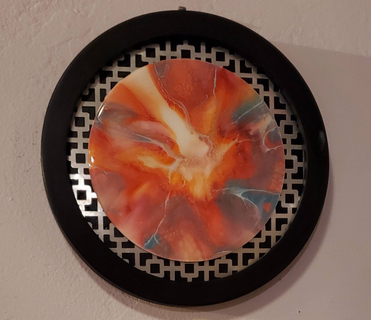 Acrylic Pour Painting Abstract Art in Pink, Orange, and Blue, Framed