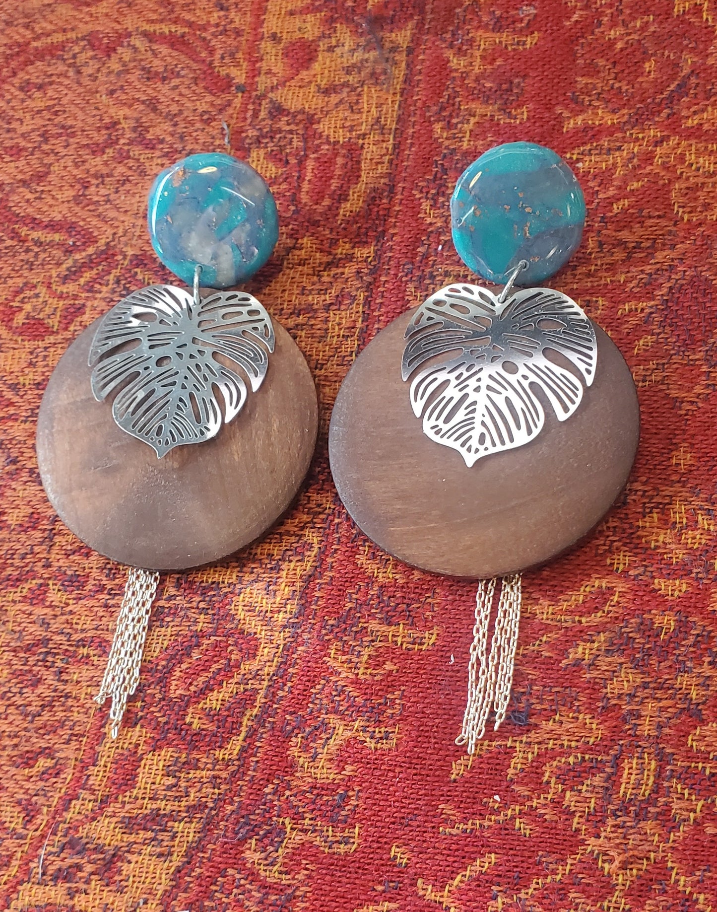 Long Boho Earrings with Wood Rounds, Polymer Clay Details, and Monstera Leaves