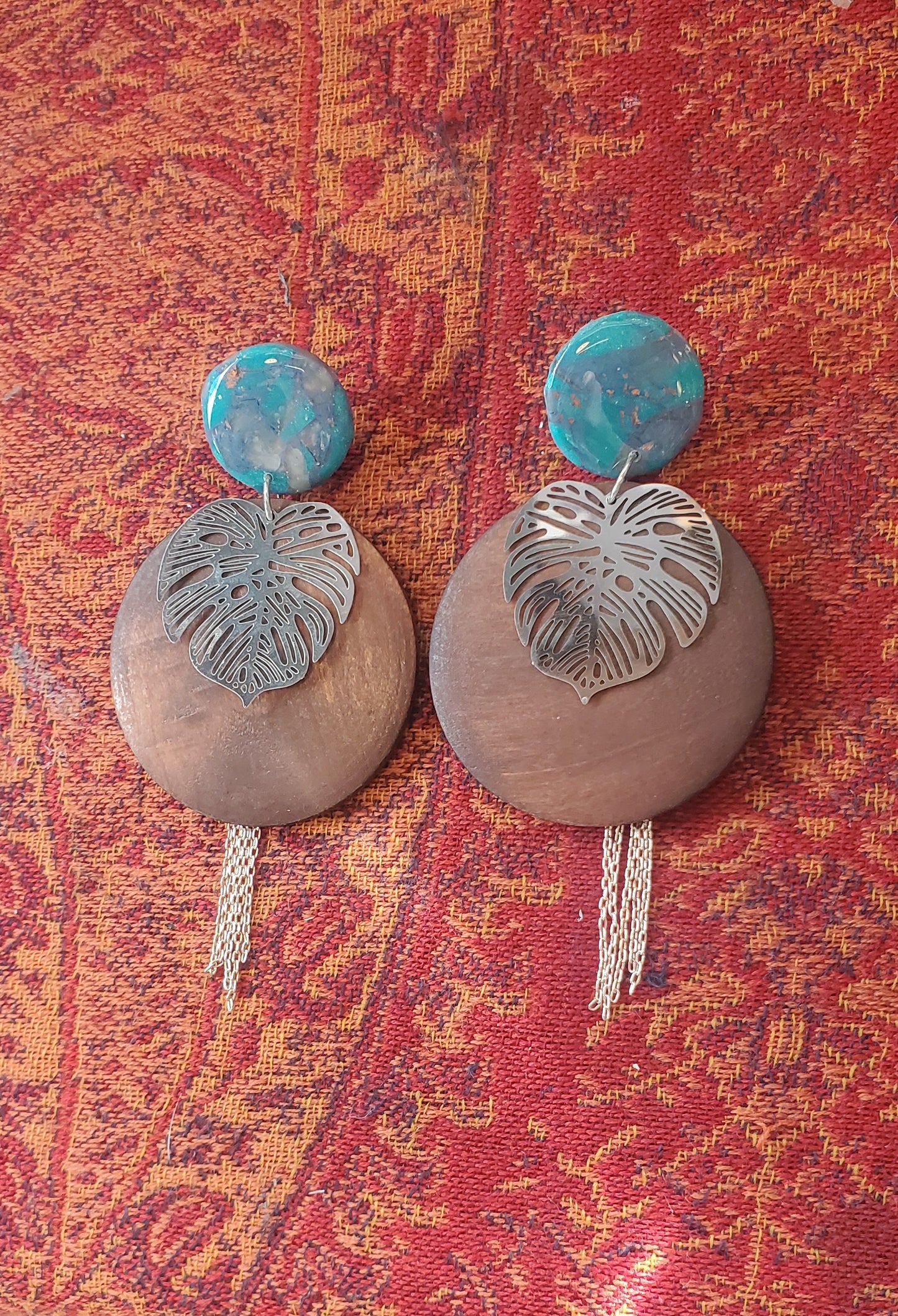 Long Boho Earrings with Wood Rounds, Polymer Clay Details, and Monstera Leaves