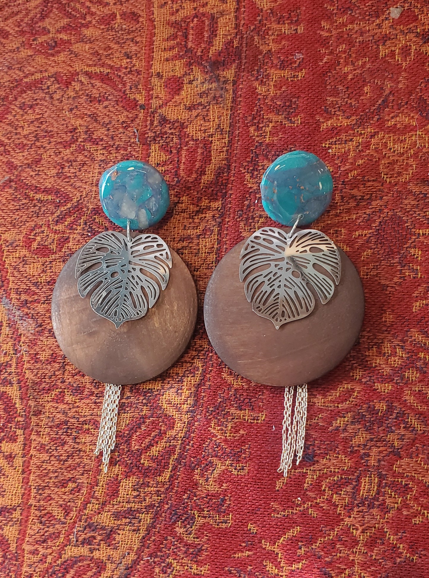 Long Boho Earrings with Wood Rounds, Polymer Clay Details, and Monstera Leaves