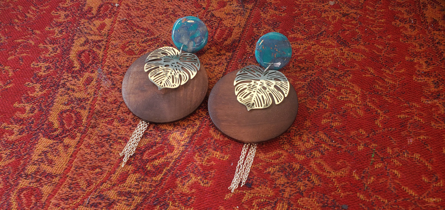 Long Boho Earrings with Wood Rounds, Polymer Clay Details, and Monstera Leaves