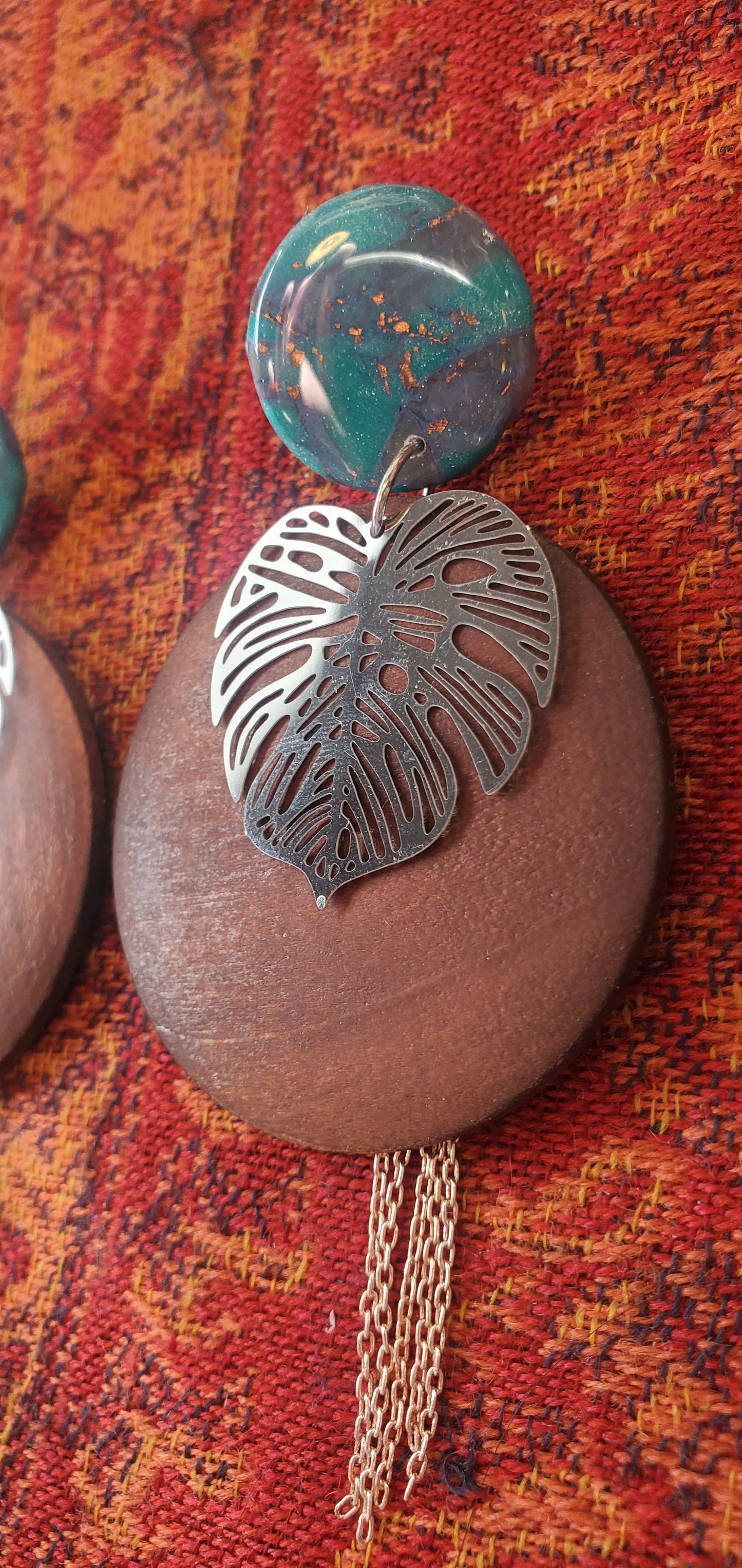 Long Boho Earrings with Wood Rounds, Polymer Clay Details, and Monstera Leaves