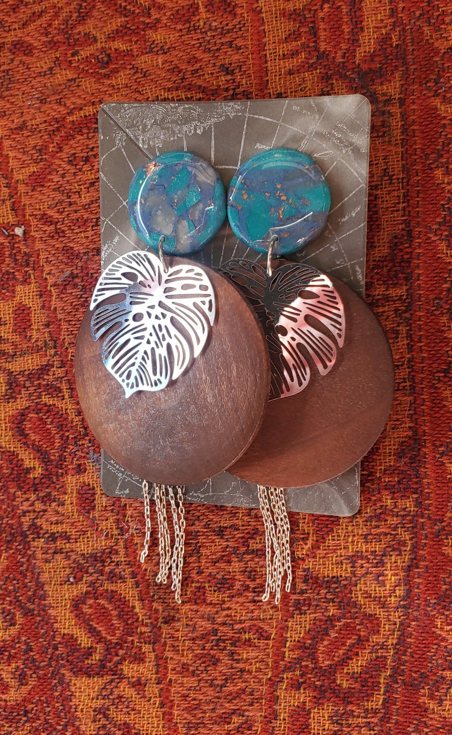 Long Boho Earrings with Wood Rounds, Polymer Clay Details, and Monstera Leaves