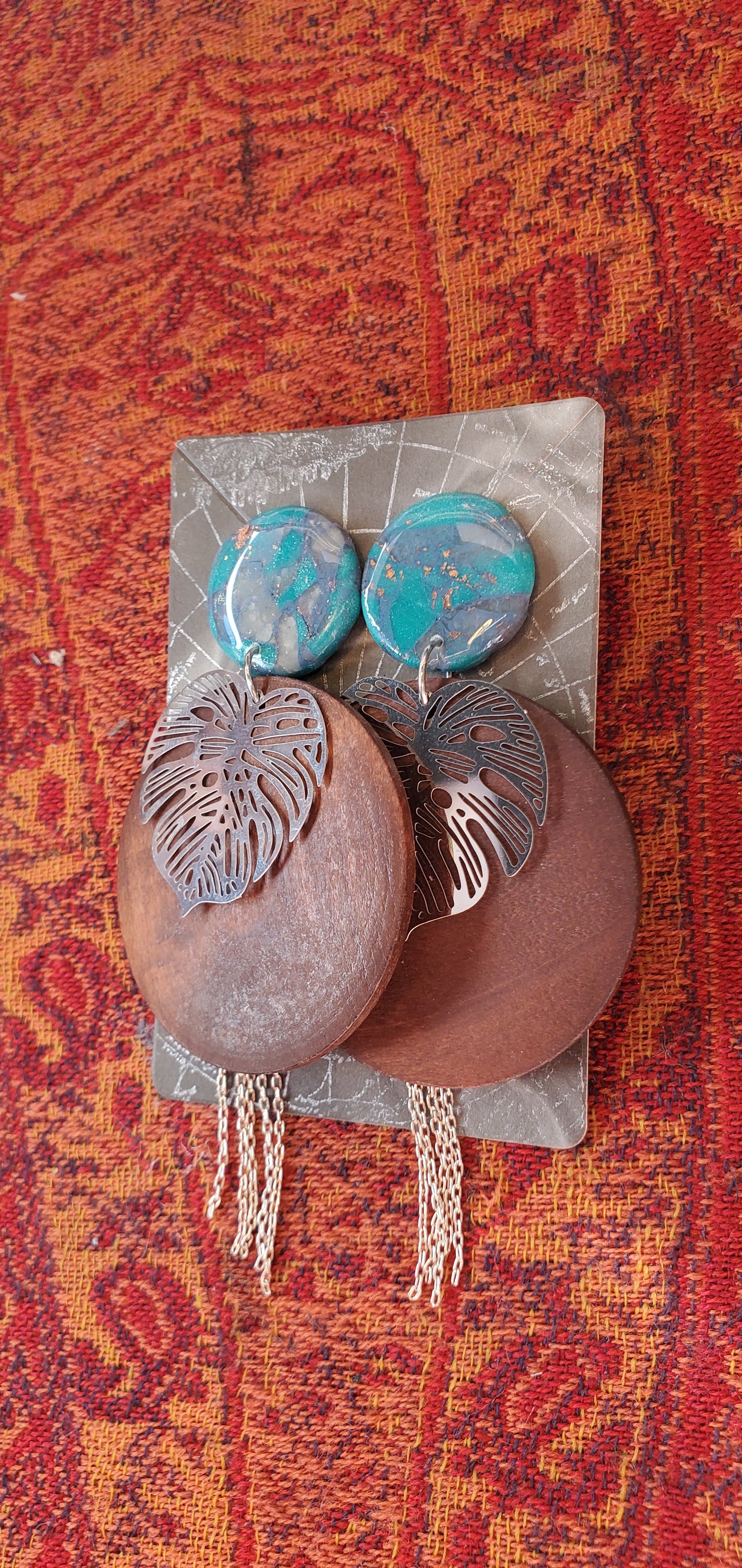 Long Boho Earrings with Wood Rounds, Polymer Clay Details, and Monstera Leaves