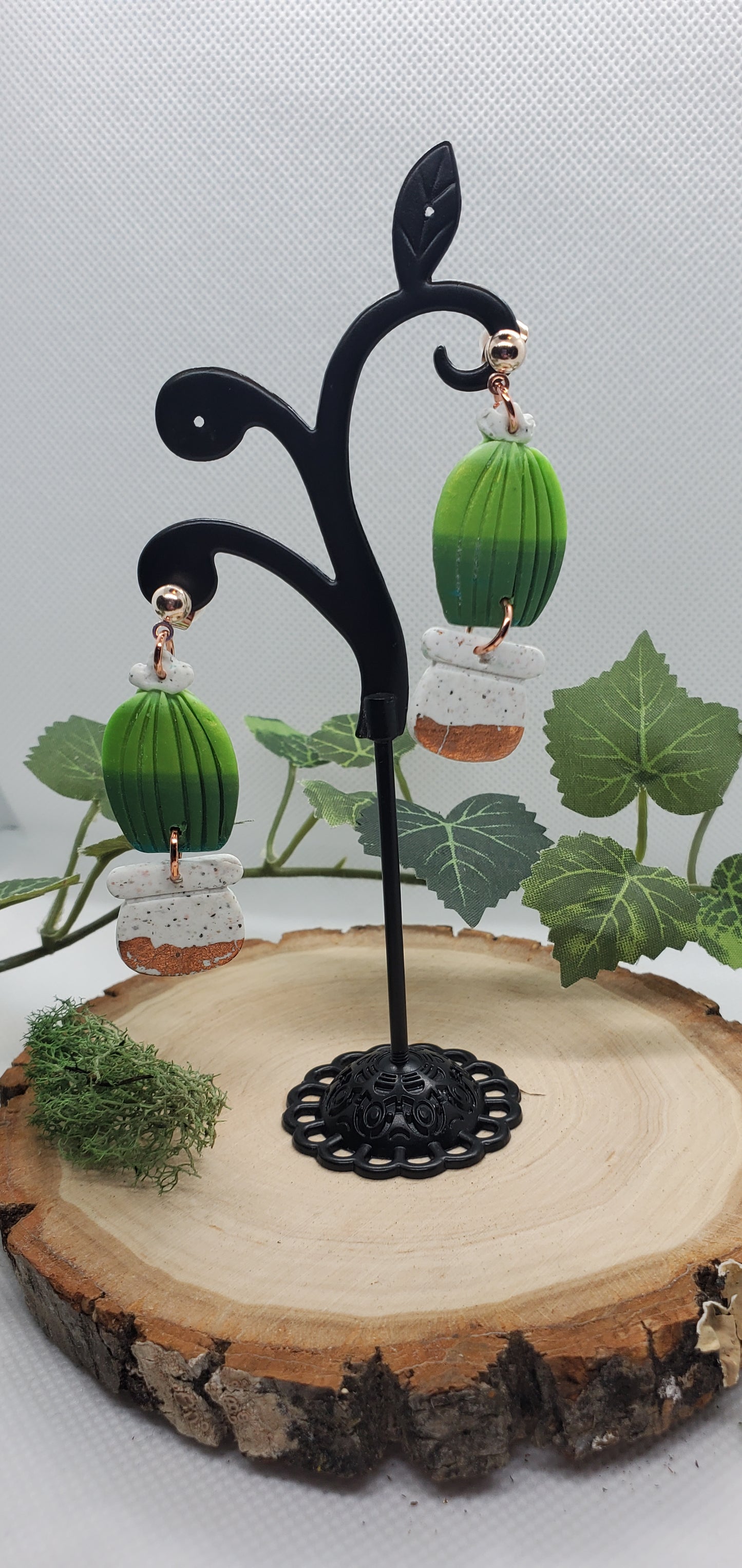 Polymer Cactus Earrings - cute plant jewelry round with white and copper pot