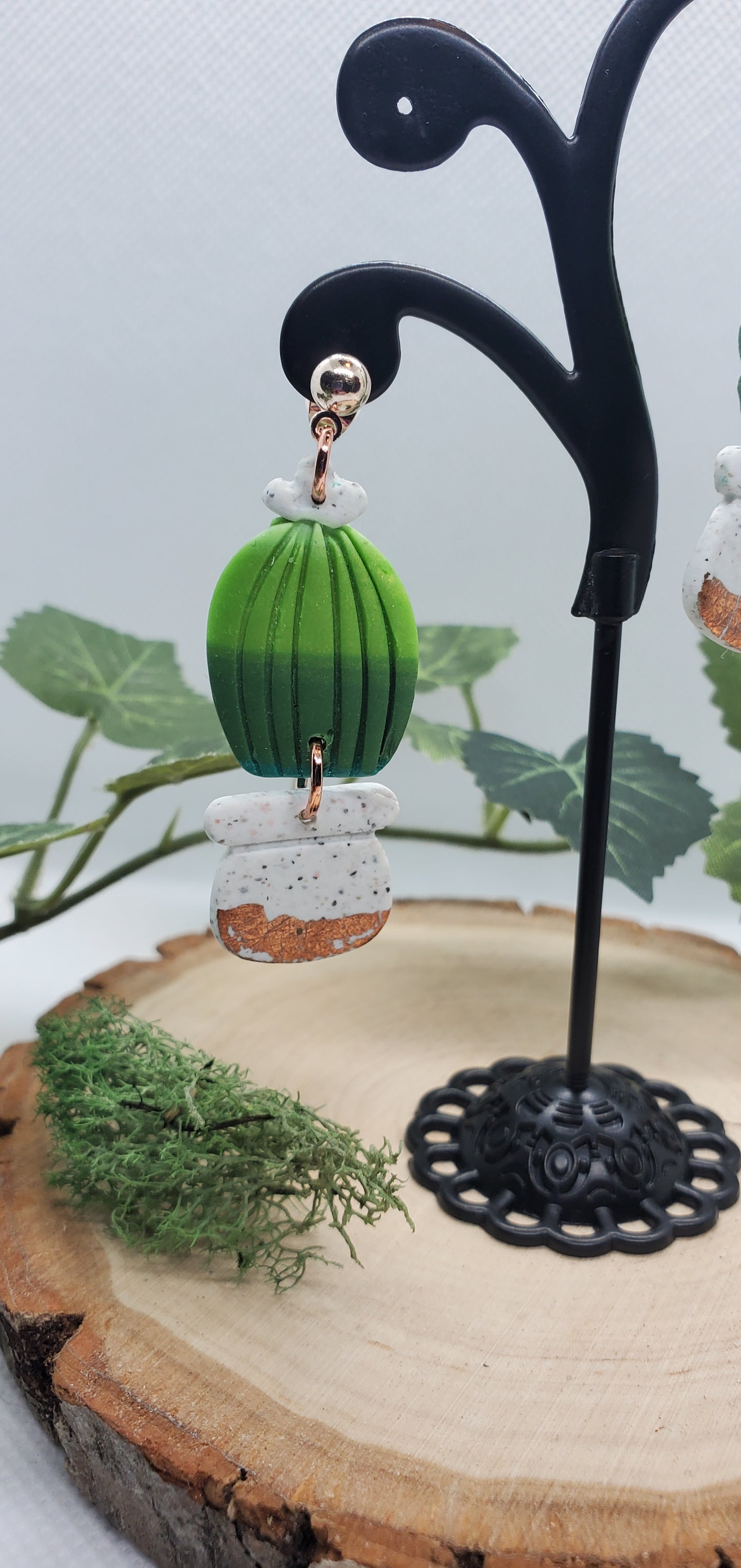 Polymer Cactus Earrings - cute plant jewelry round with white and copper pot