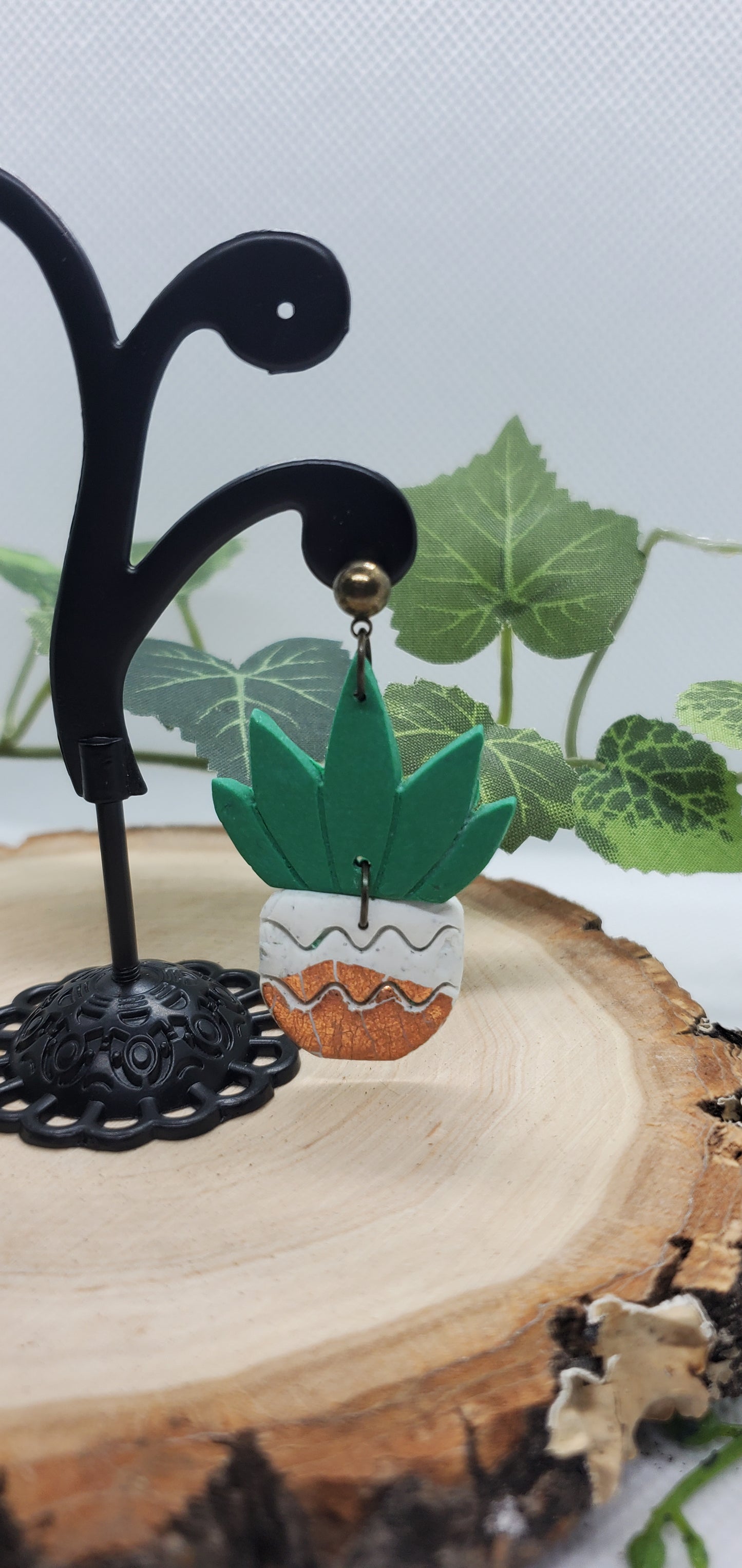 Polymer Cactus Earrings - cute plant jewelry spiky with white and copper pot