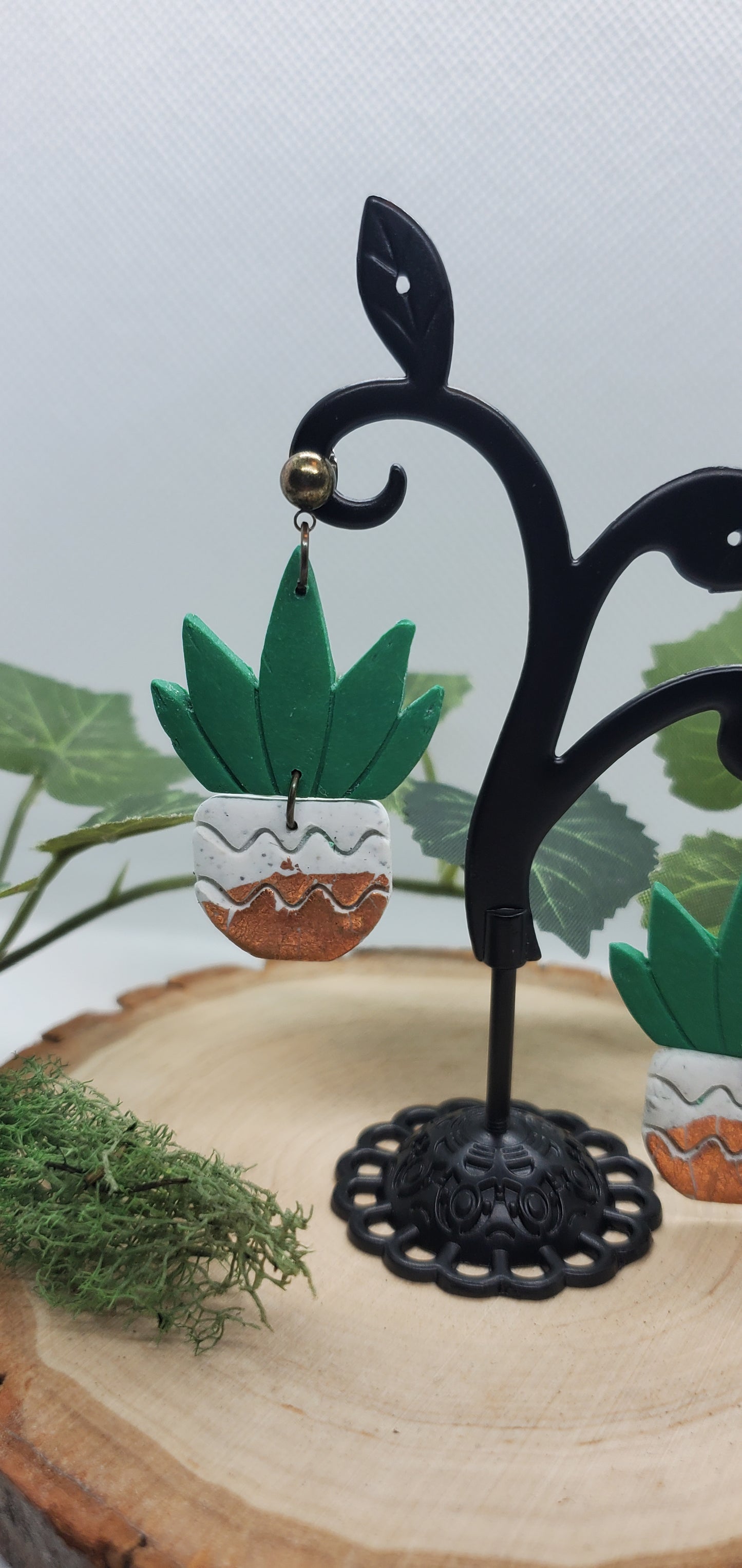 Polymer Cactus Earrings - cute plant jewelry spiky with white and copper pot