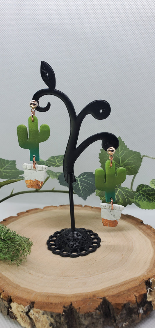 Polymer Cactus Earrings - cute plant jewelry thin Saguaro with white and copper pot Active