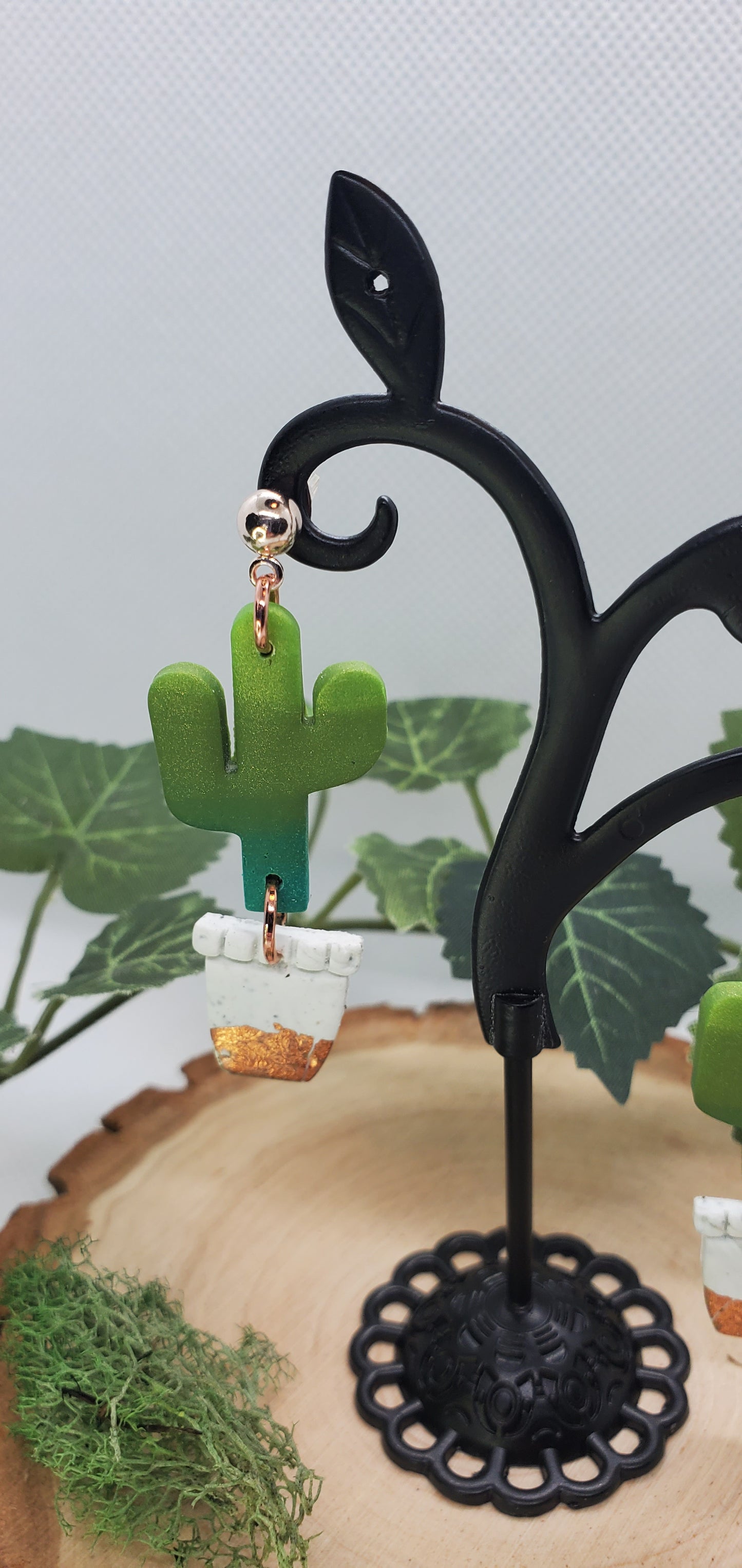 Polymer Cactus Earrings - cute plant jewelry thin Saguaro with white and copper pot Active