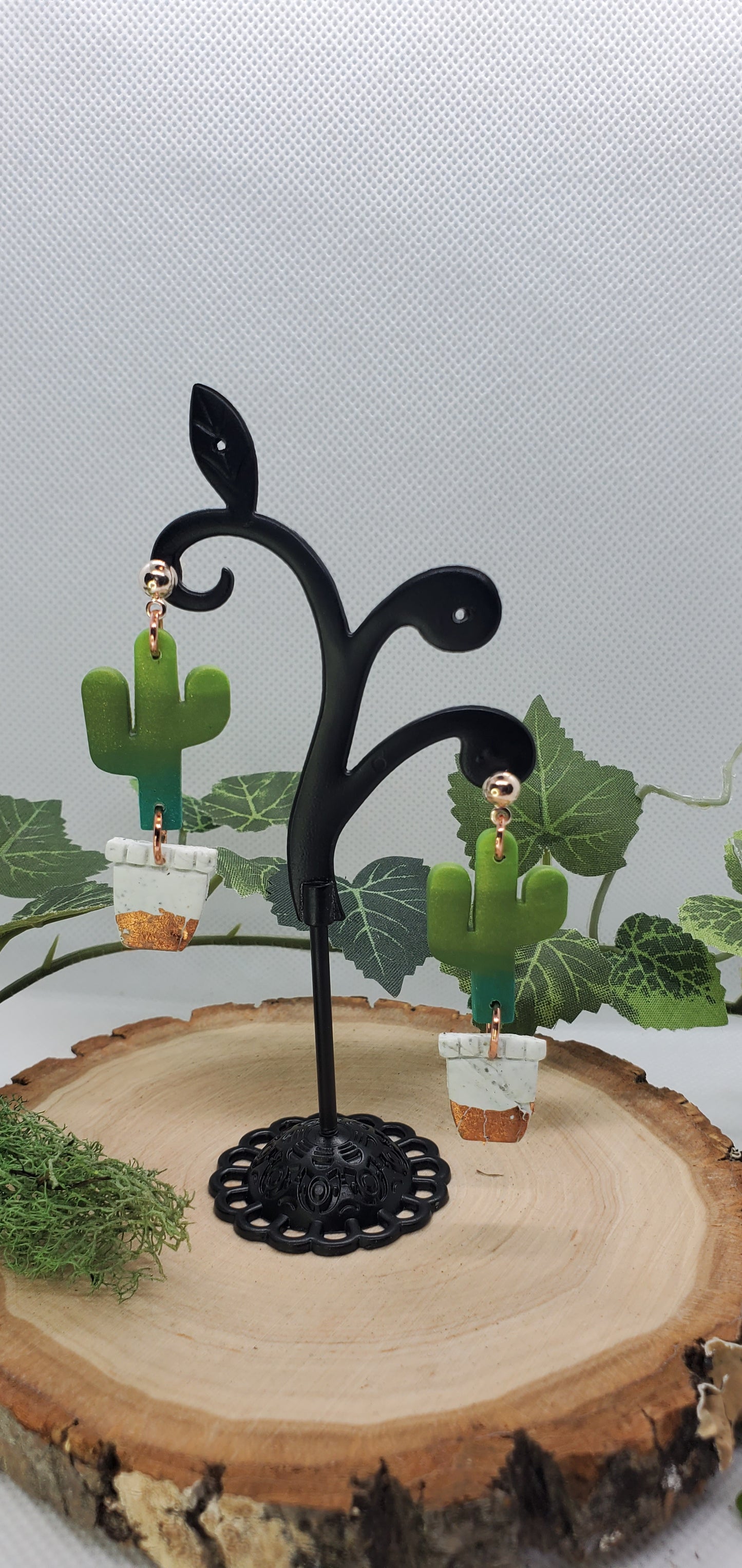 Polymer Cactus Earrings - cute plant jewelry thin Saguaro with white and copper pot Active