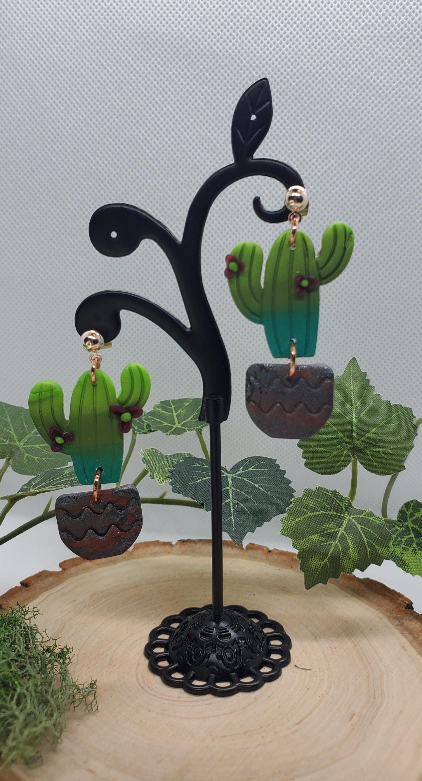 Polymer Cactus Earrings - cute plant jewelry Saguaro with flowers Active