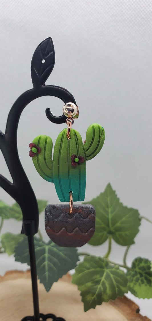 Polymer Cactus Earrings - cute plant jewelry Saguaro with flowers Active