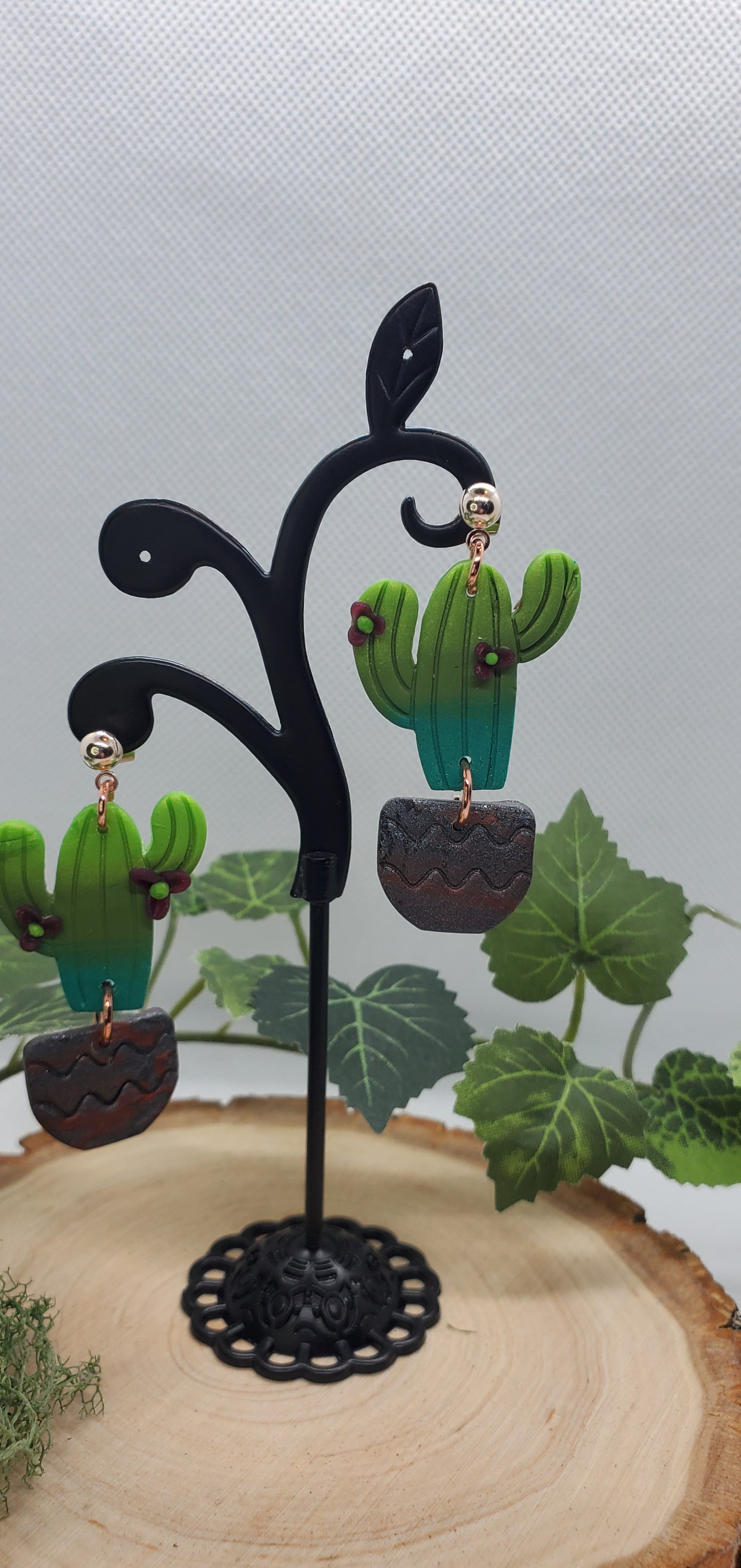 Polymer Cactus Earrings - cute plant jewelry Saguaro with flowers Active