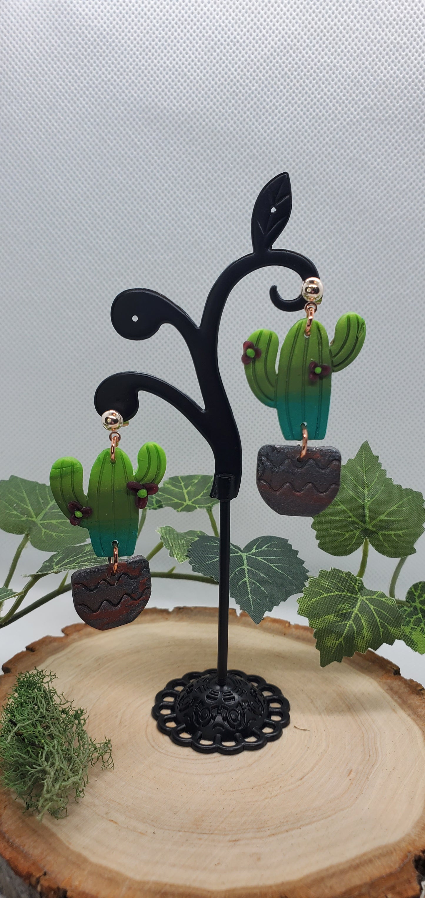 Polymer Cactus Earrings - cute plant jewelry Saguaro with flowers Active