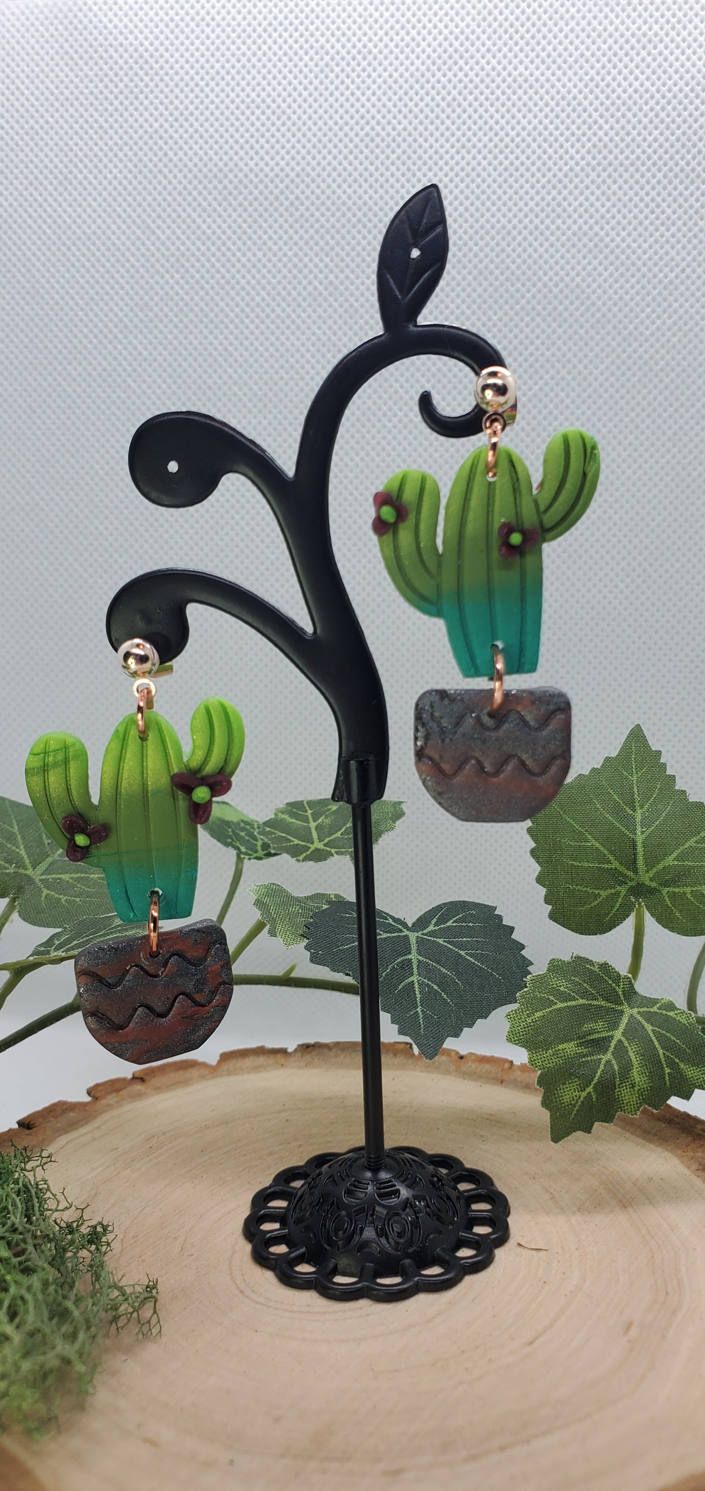 Polymer Cactus Earrings - cute plant jewelry Saguaro with flowers Active