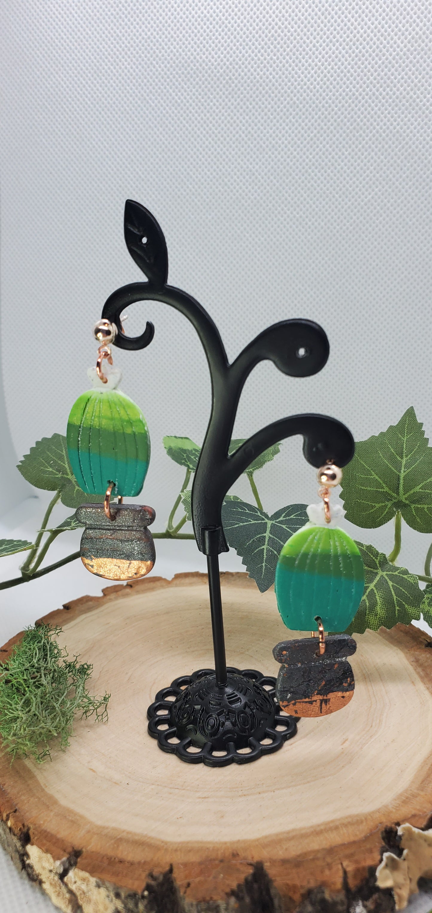 Polymer Cactus Earrings - cute plant jewelry round with gunmetal and copper pot