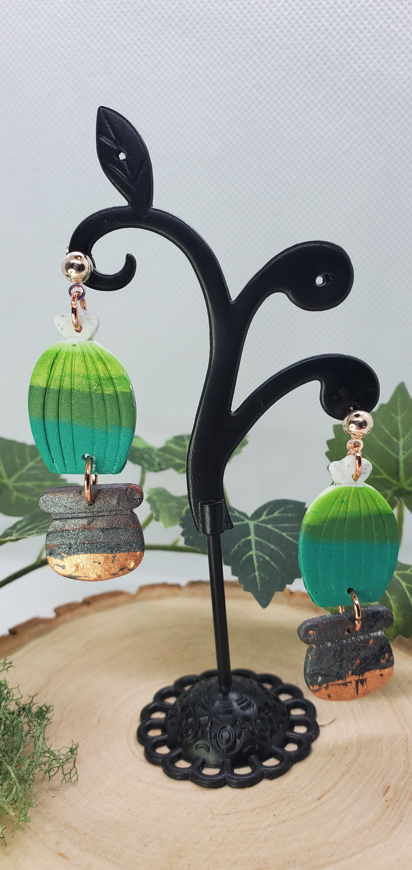 Polymer Cactus Earrings - cute plant jewelry round with gunmetal and copper pot