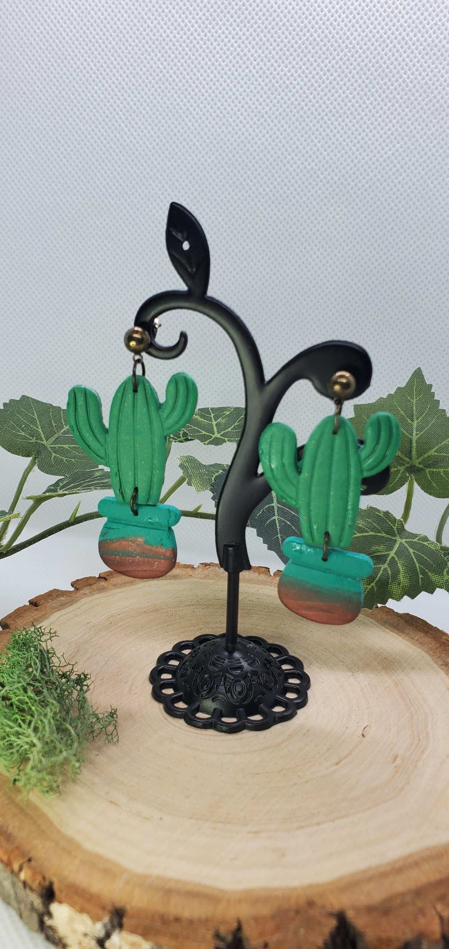 Cactus Earrings with Green and Copper Pot