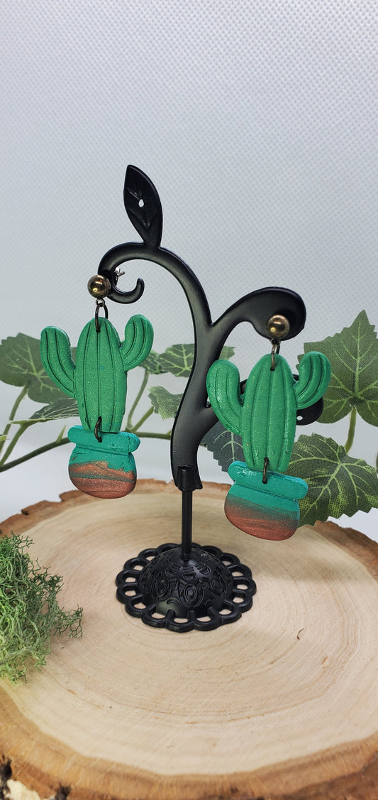 Cactus Earrings with Green and Copper Pot