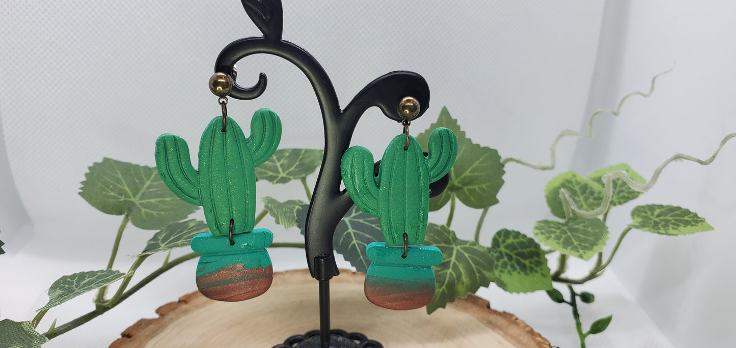 Cactus Earrings with Green and Copper Pot