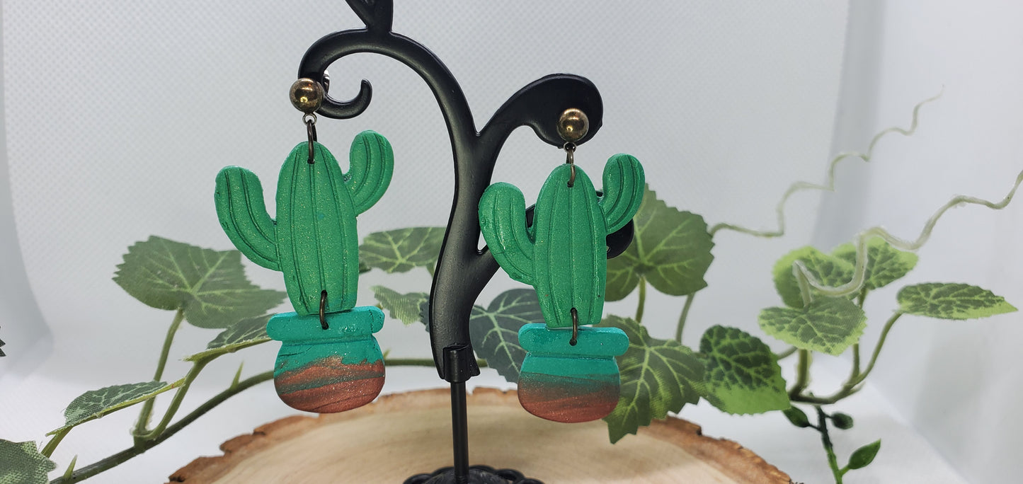 Cactus Earrings with Green and Copper Pot