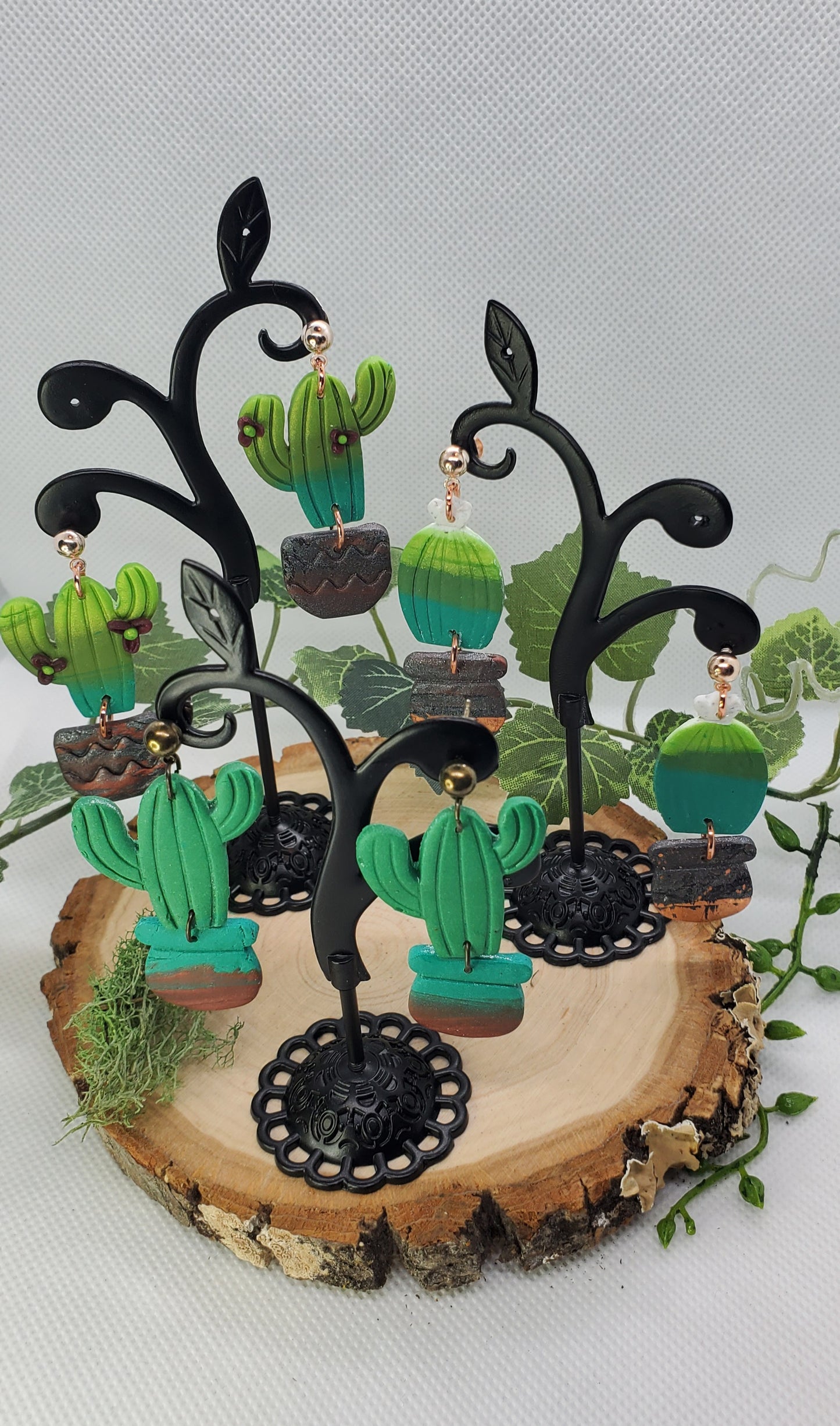 Polymer Cactus Earrings - cute plant jewelry Saguaro with flowers Active