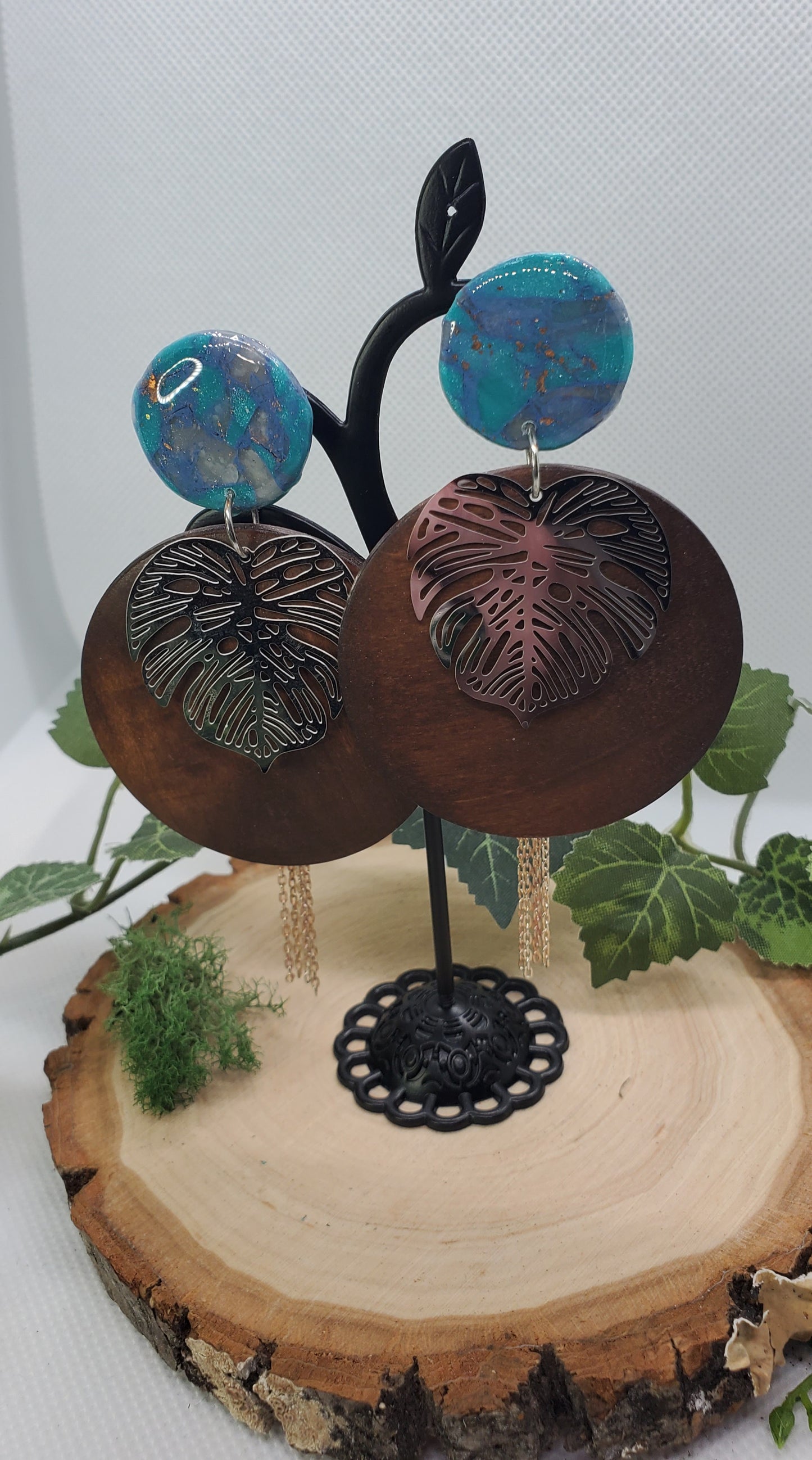 Long Boho Earrings with Wood Rounds, Polymer Clay Details, and Monstera Leaves