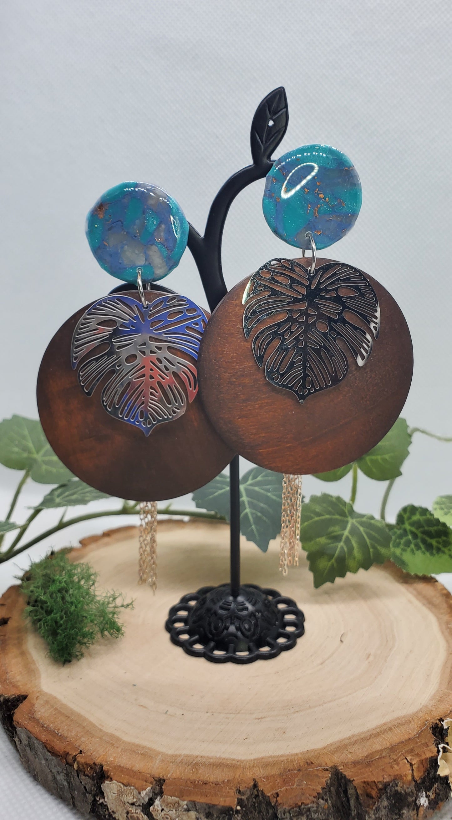 Long Boho Earrings with Wood Rounds, Polymer Clay Details, and Monstera Leaves