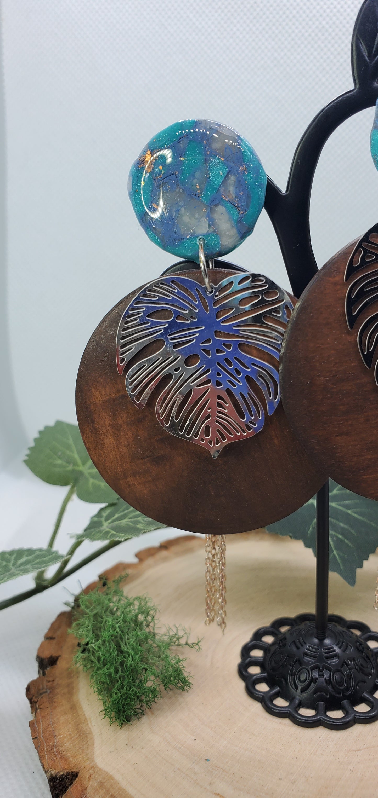 Long Boho Earrings with Wood Rounds, Polymer Clay Details, and Monstera Leaves