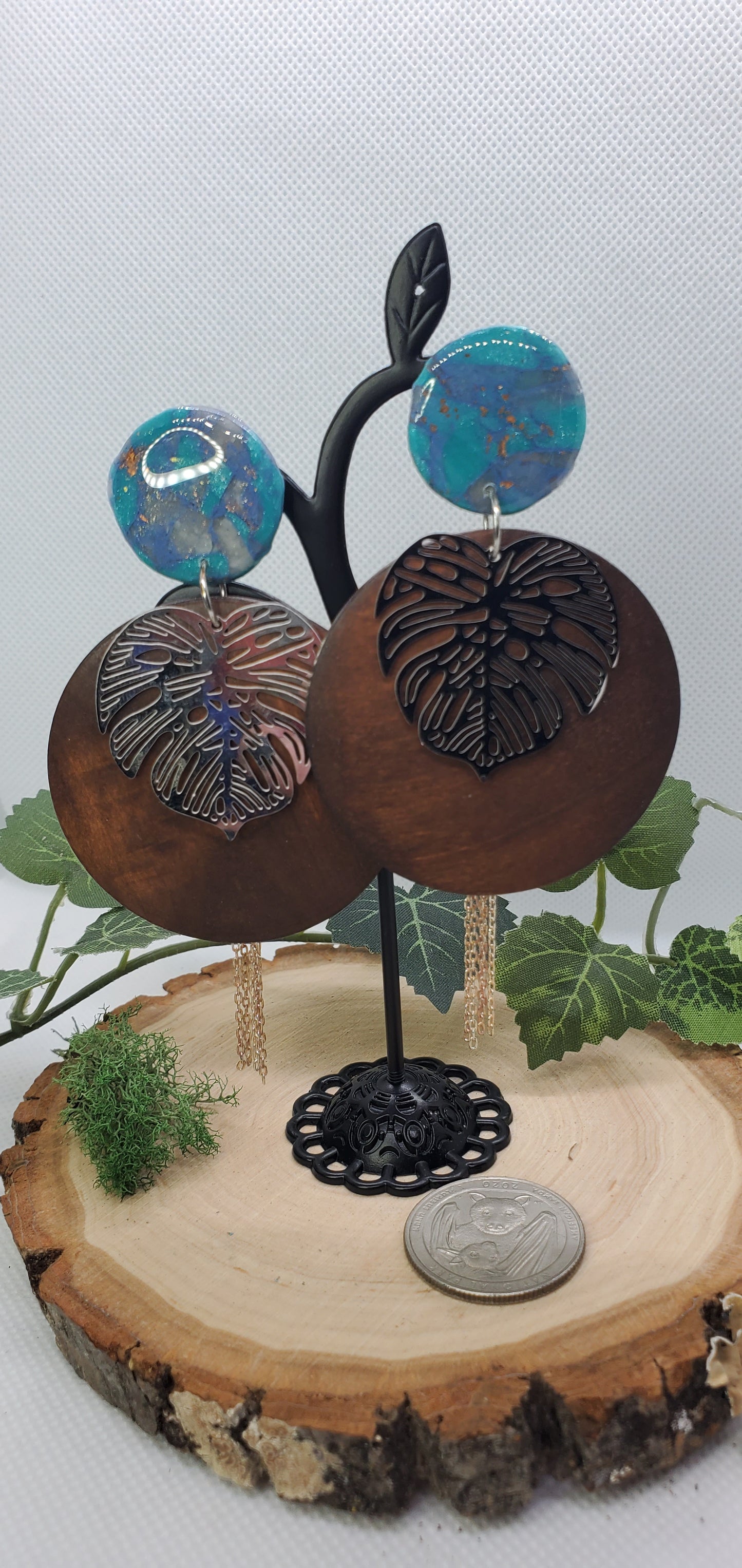 Long Boho Earrings with Wood Rounds, Polymer Clay Details, and Monstera Leaves