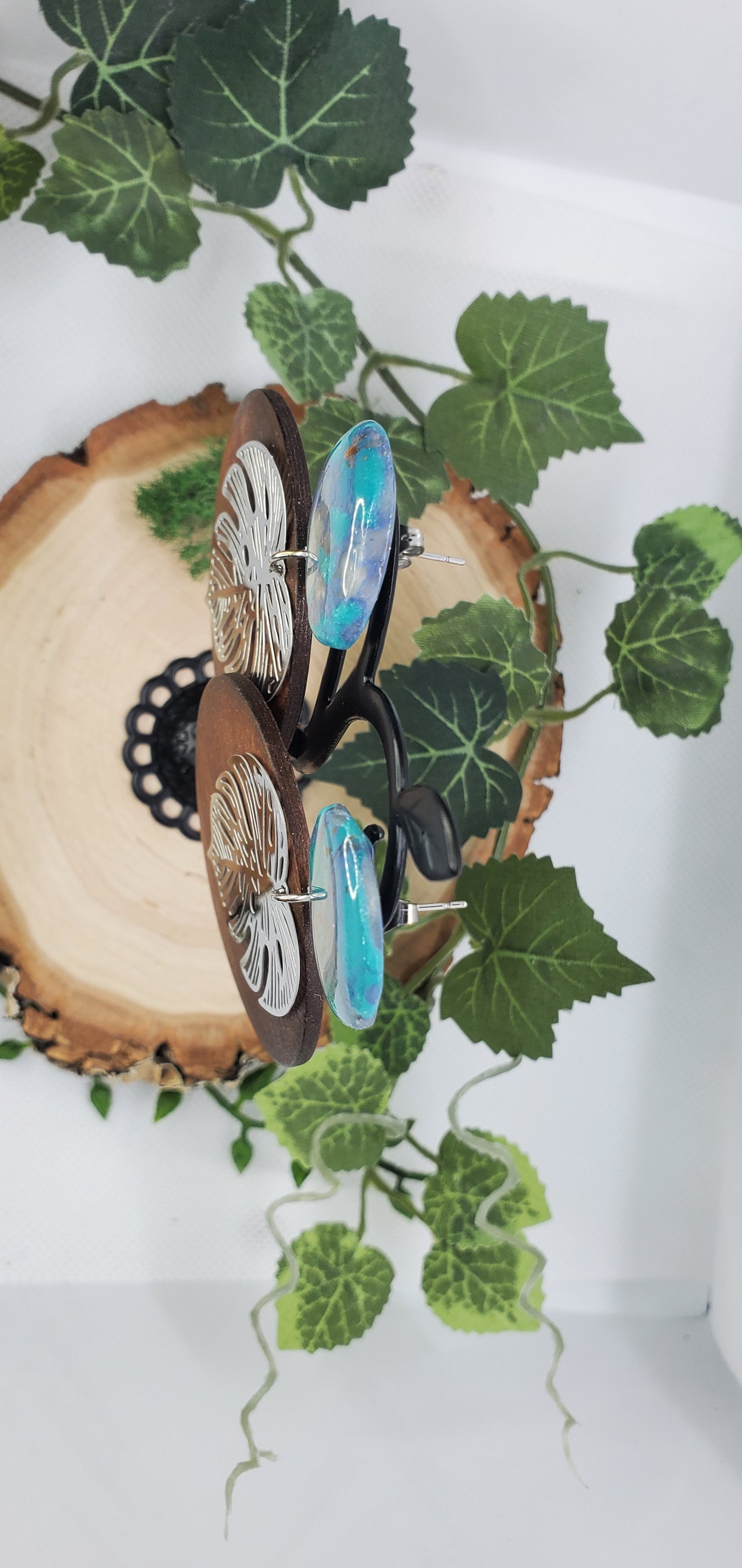 Long Boho Earrings with Wood Rounds, Polymer Clay Details, and Monstera Leaves