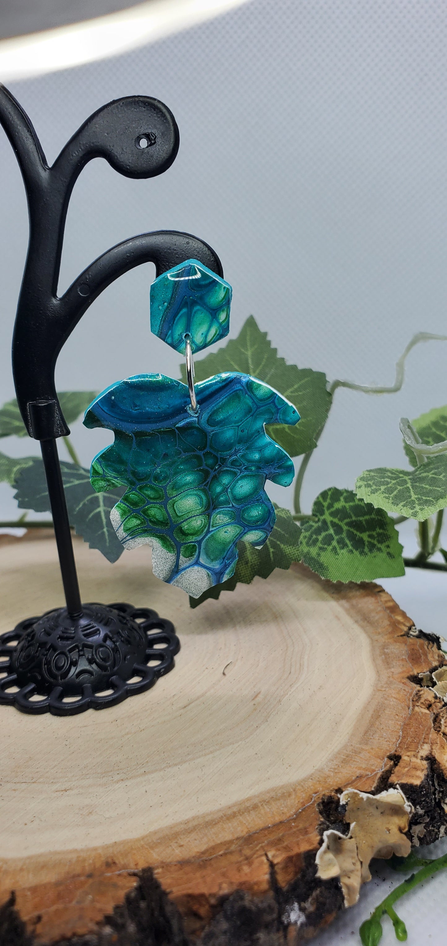 Fluid Art Earrings Unique Monstera Leaf and Hexagon Blue and Chameleon Green - Wearable Art