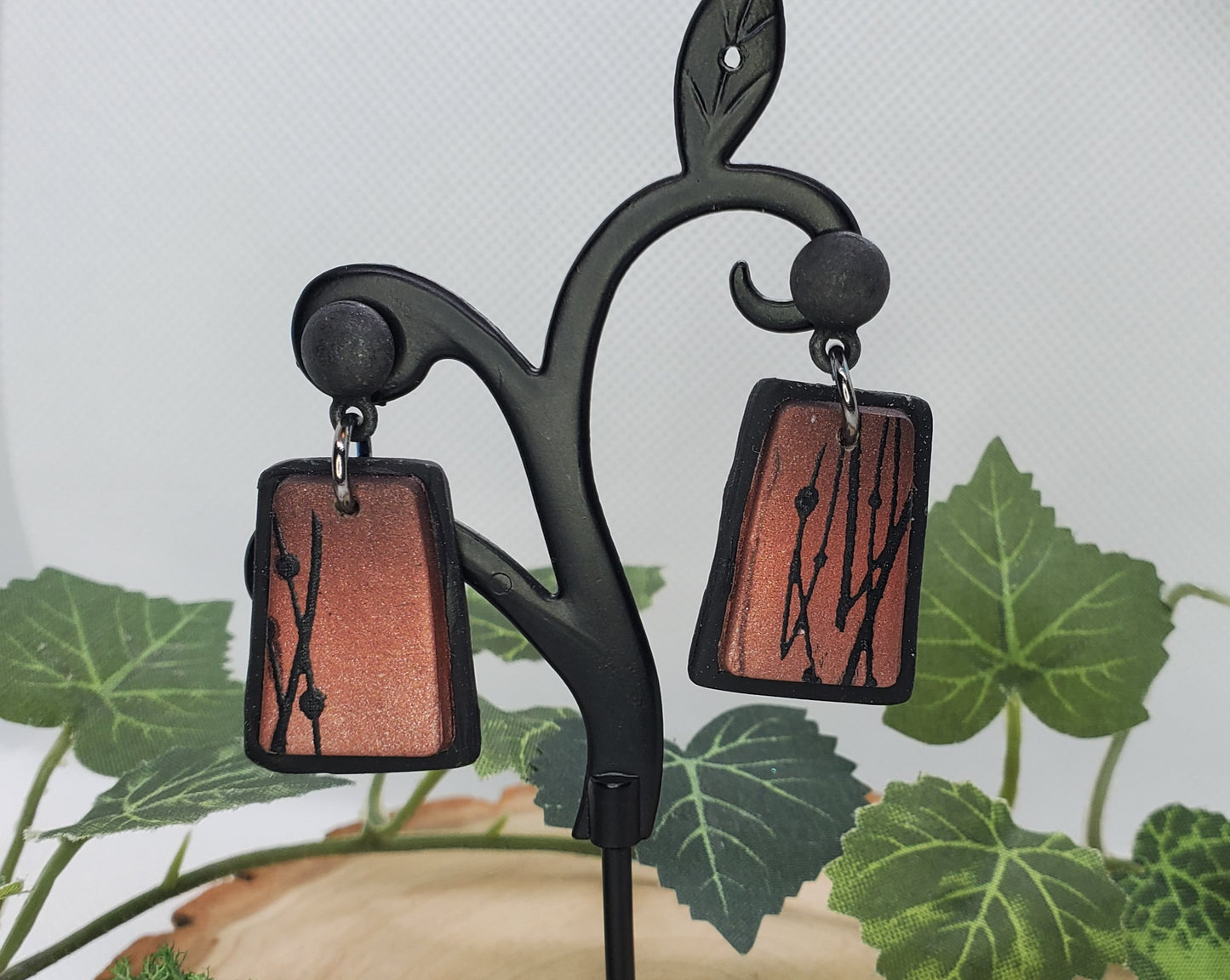 Polymer Clay Earrings in Ombre - Silver, Copper, Black