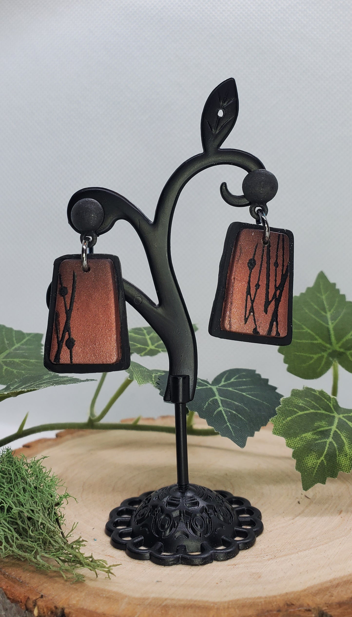 Polymer Clay Earrings in Ombre - Silver, Copper, Black