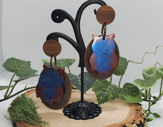 Owl Resin, Wood and Copper Earrings