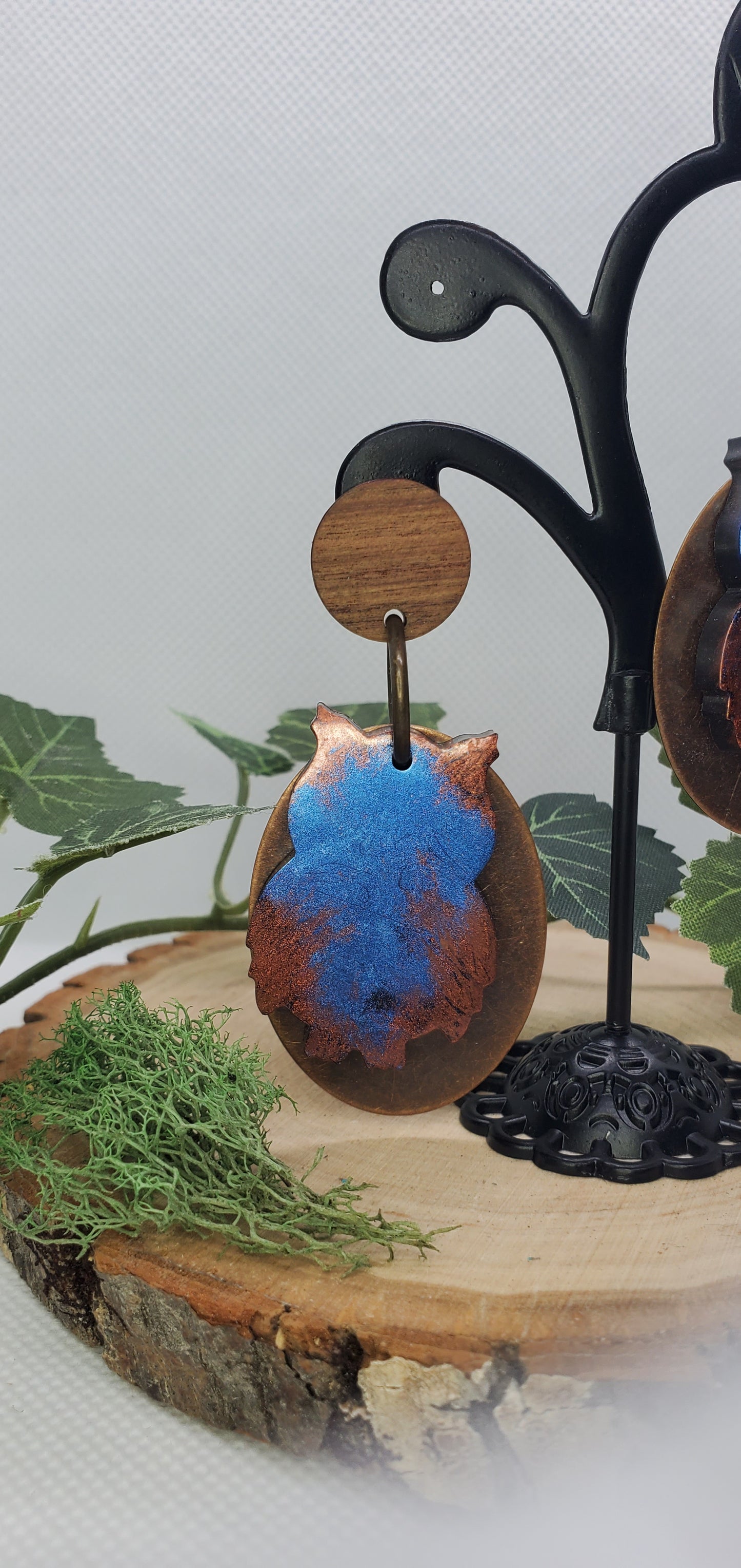 Owl Resin, Wood and Copper Earrings