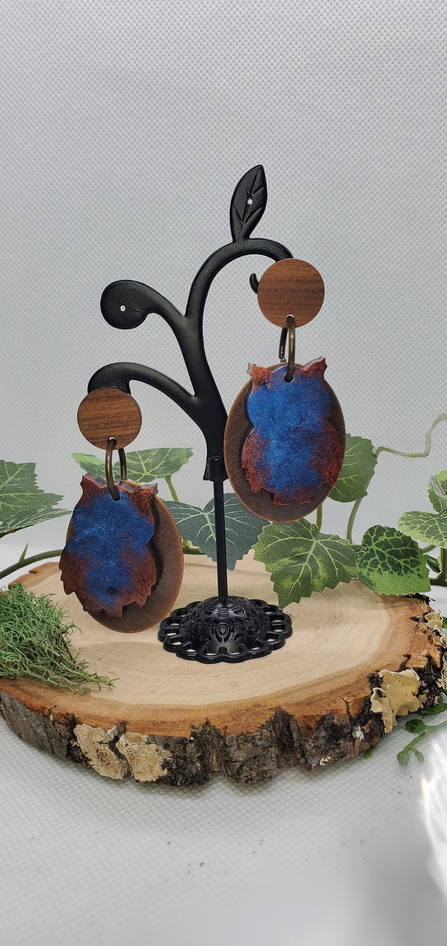 Owl Resin, Wood and Copper Earrings