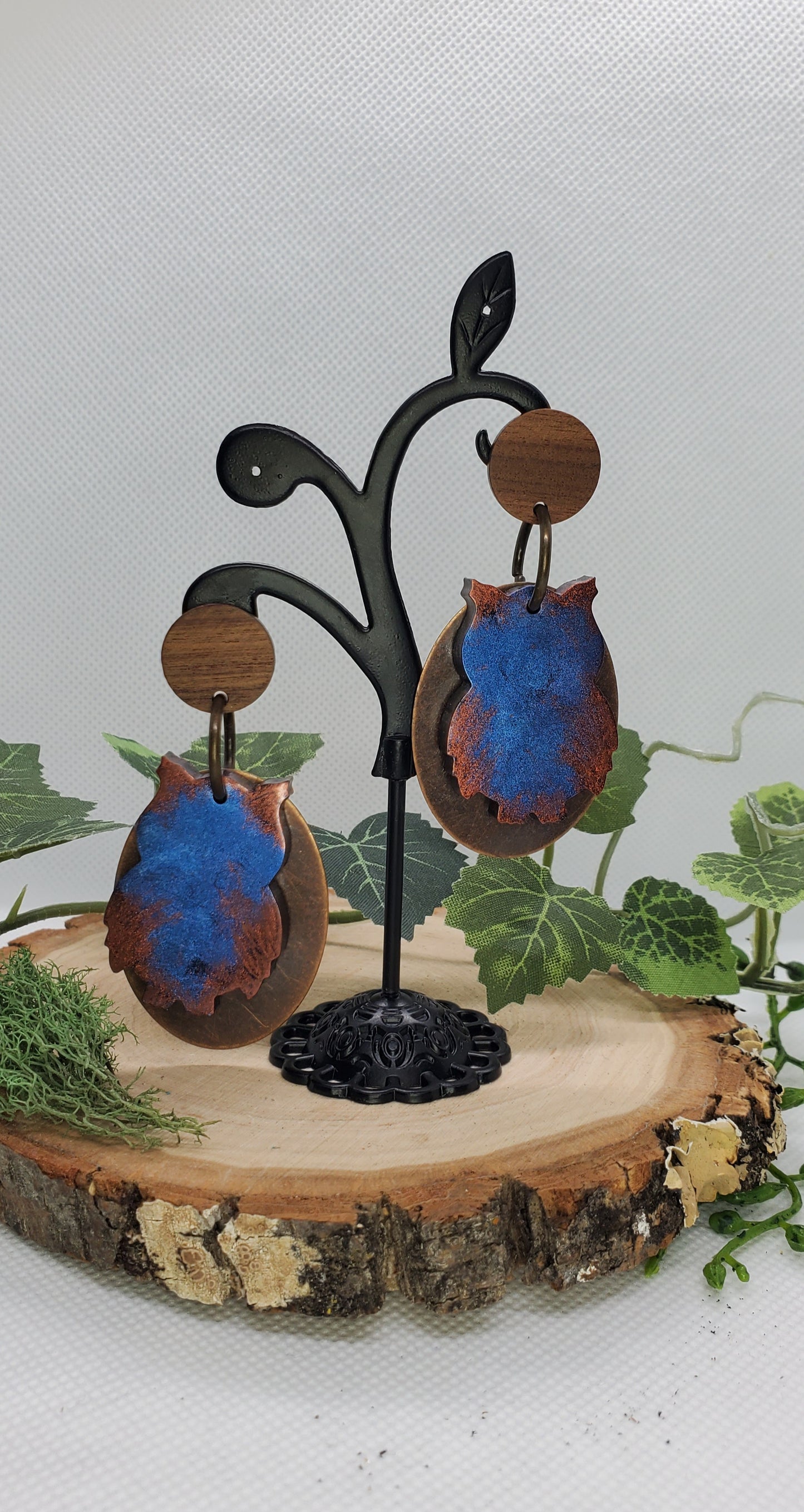 Owl Resin, Wood and Copper Earrings