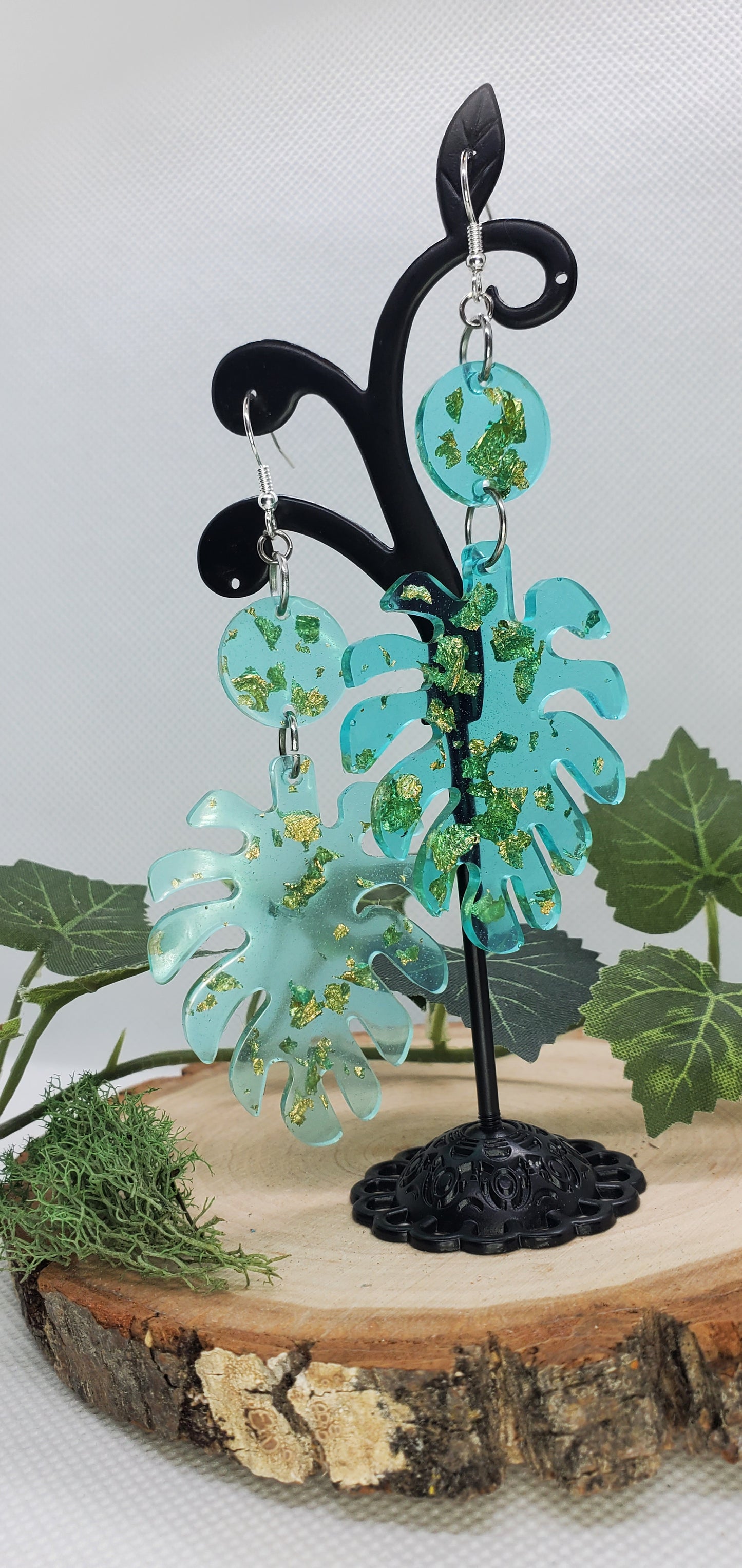 Translucent Blue Resin Monstera Leaf Earrings with Gold Leafing