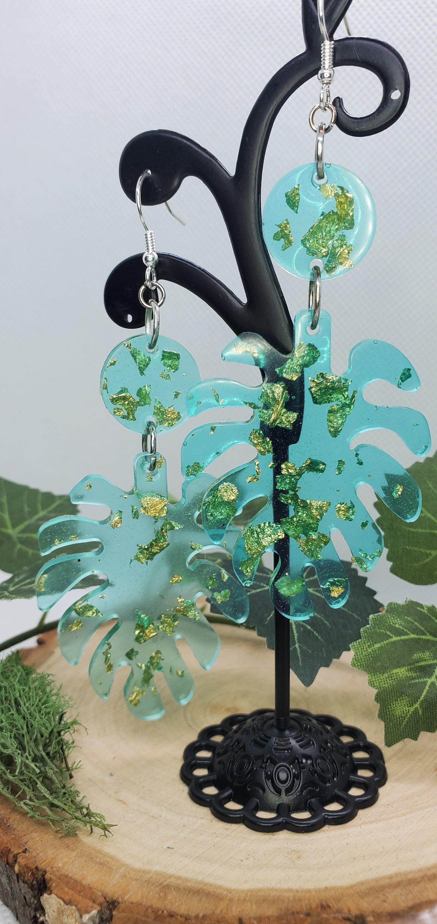 Translucent Blue Resin Monstera Leaf Earrings with Gold Leafing