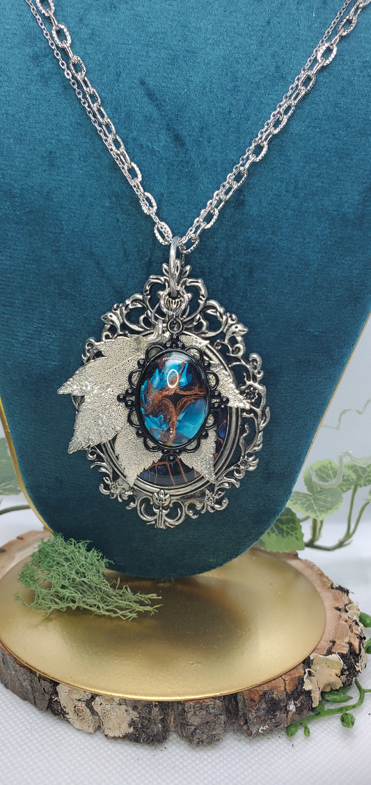 Pour Art Statement Necklace with Silver Leaf and Magnetic Owl Clasp