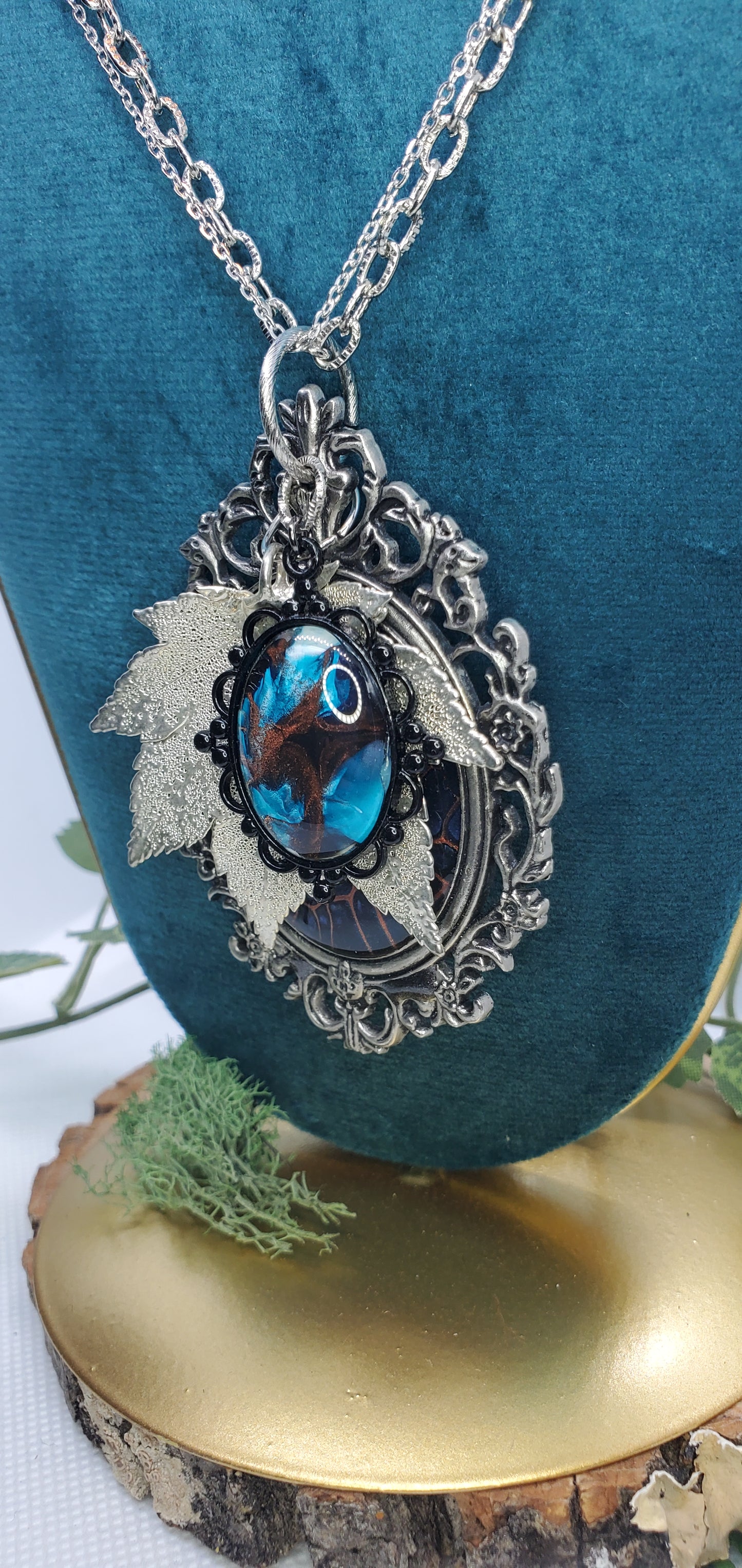 Pour Art Statement Necklace with Silver Leaf and Magnetic Owl Clasp