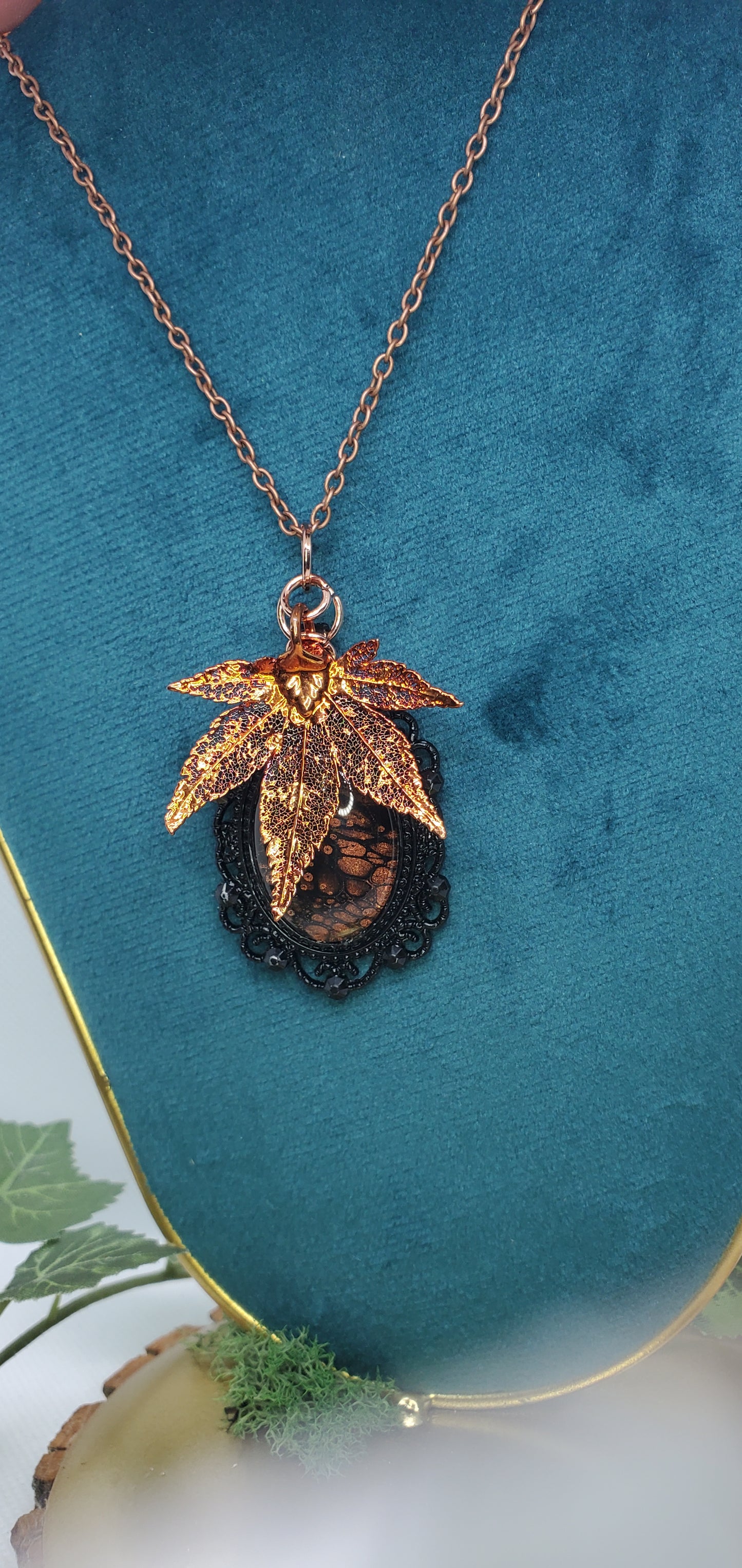 Black and Copper Fluid Art and Skeleton Leaf Necklace