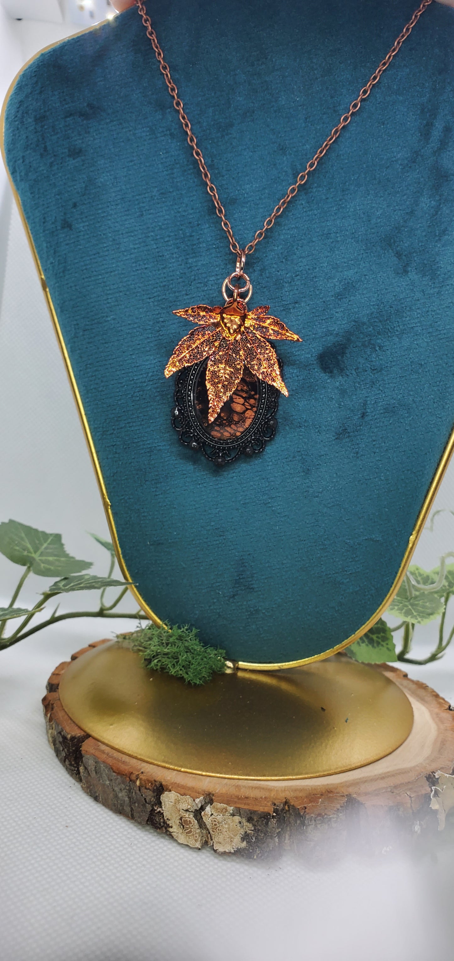 Black and Copper Fluid Art and Skeleton Leaf Necklace