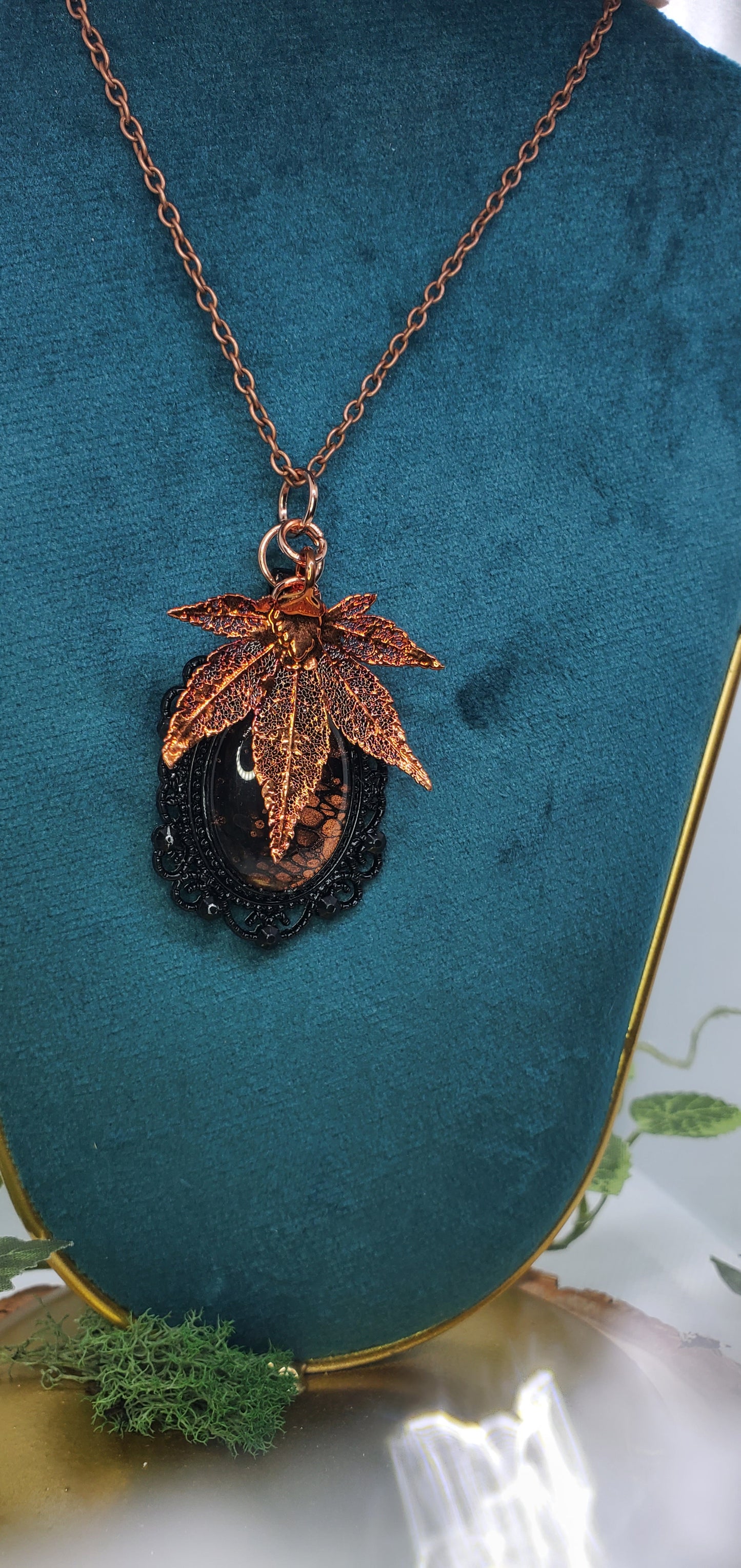 Black and Copper Fluid Art and Skeleton Leaf Necklace