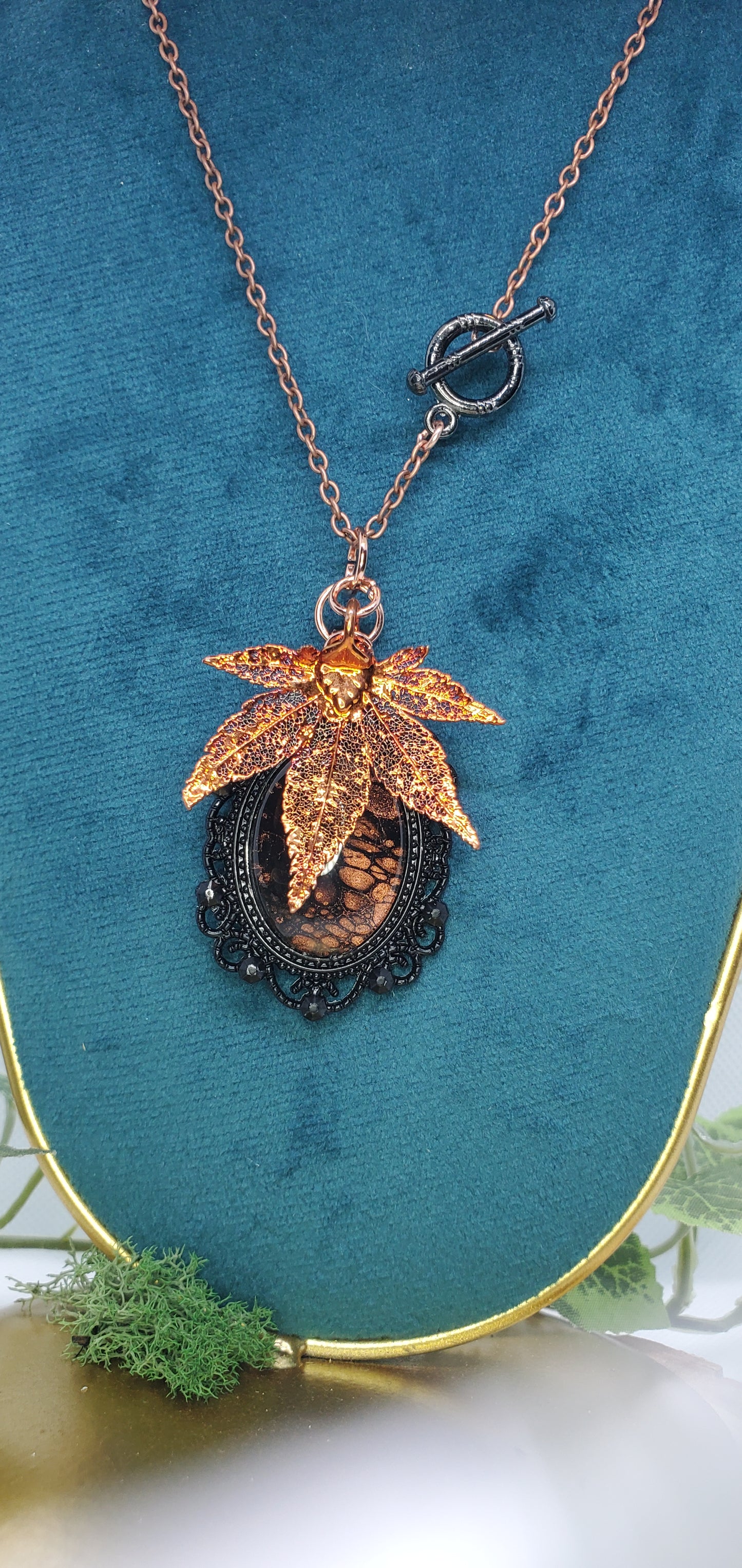 Black and Copper Fluid Art and Skeleton Leaf Necklace