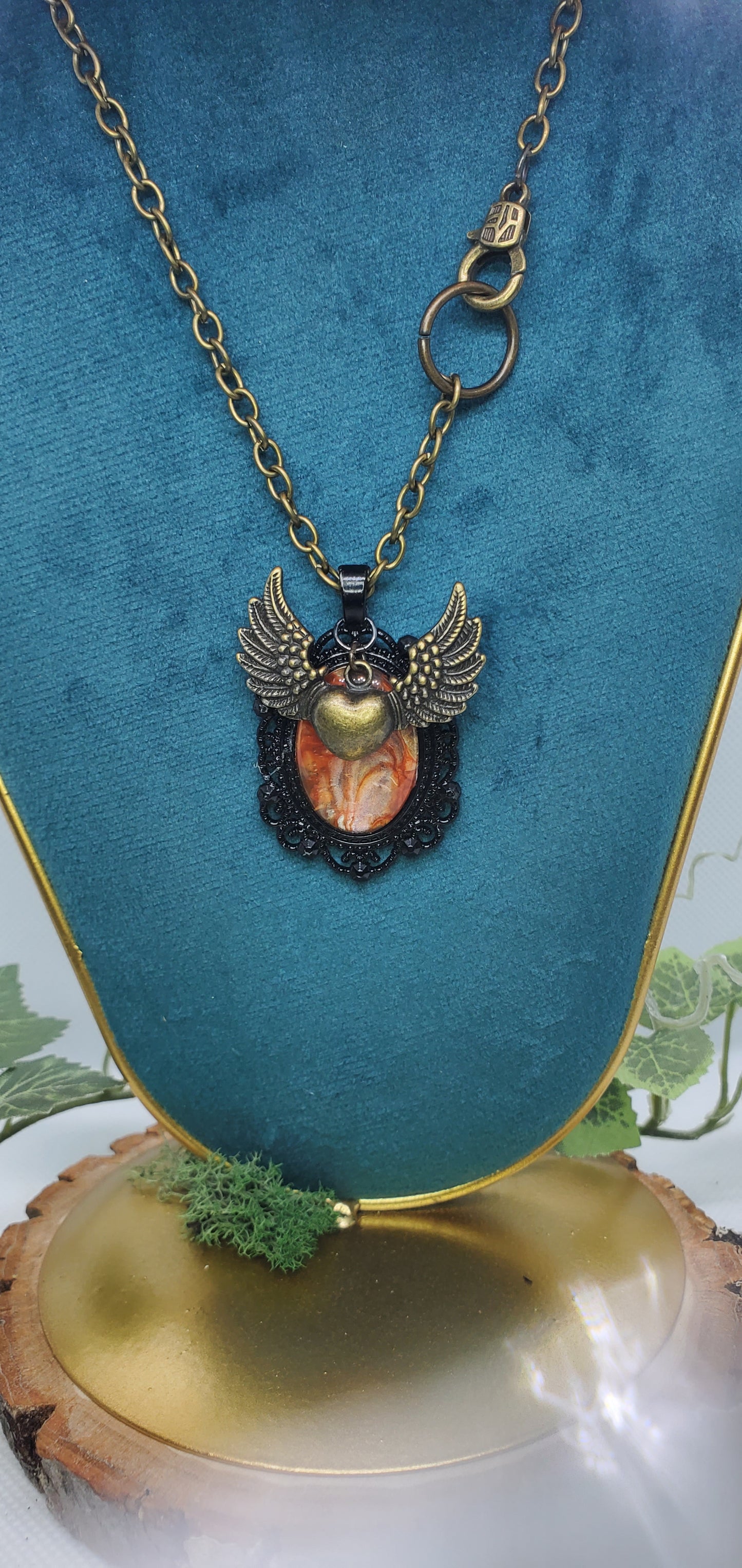 Bronze and Orange Flying Heart Fluid Art Necklace